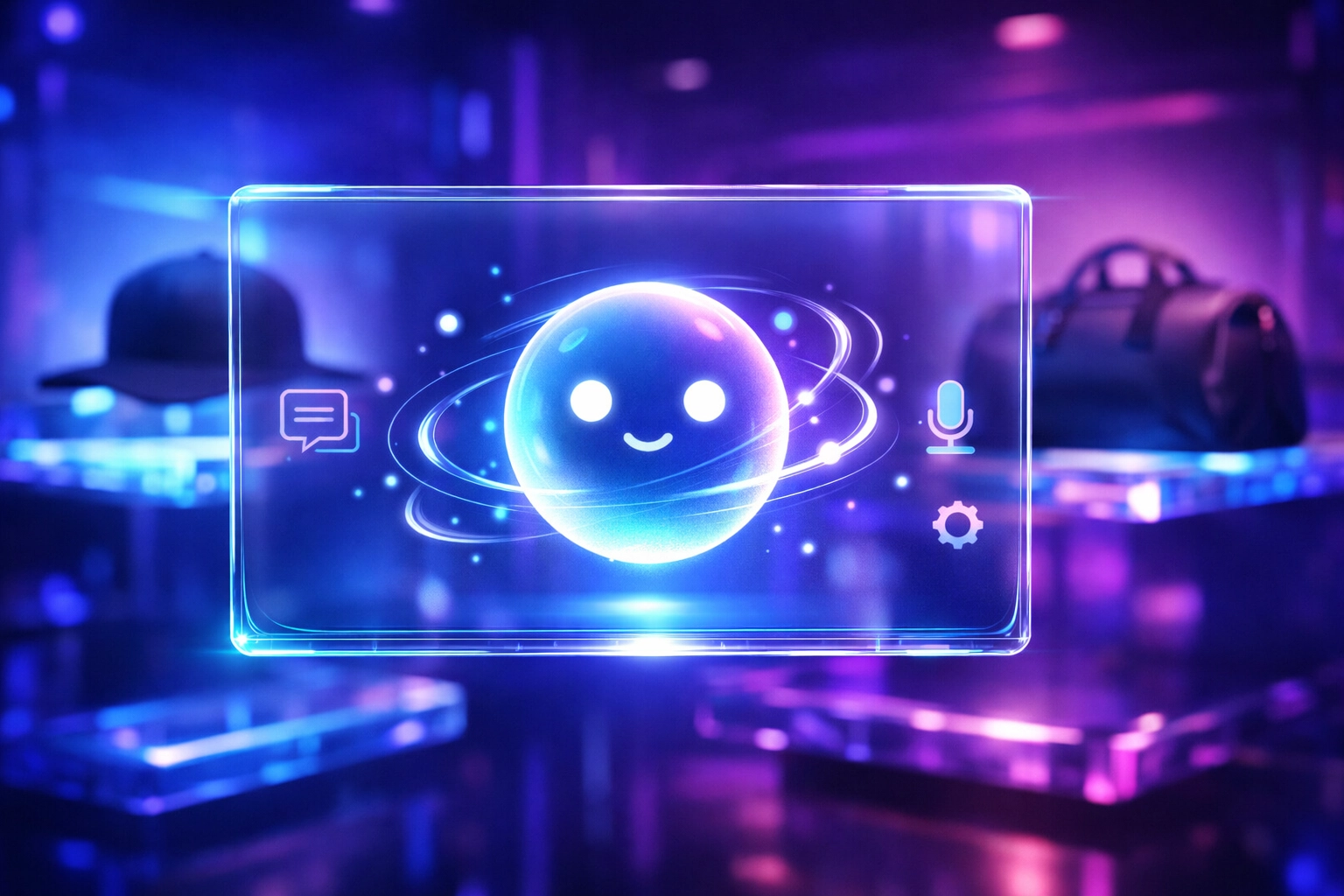 Larecoin AI Assistant holographic interface in a metaverse boutique for smart product searching.