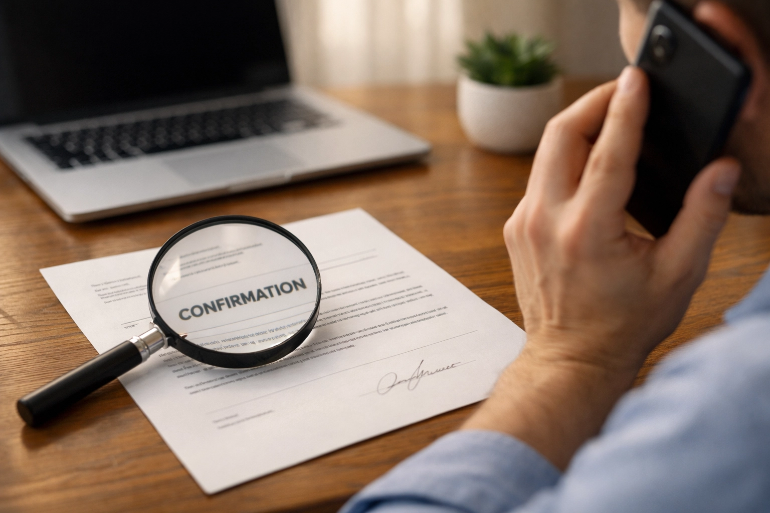 Business owner verifying IRS notice authenticity with magnifying glass and phone call