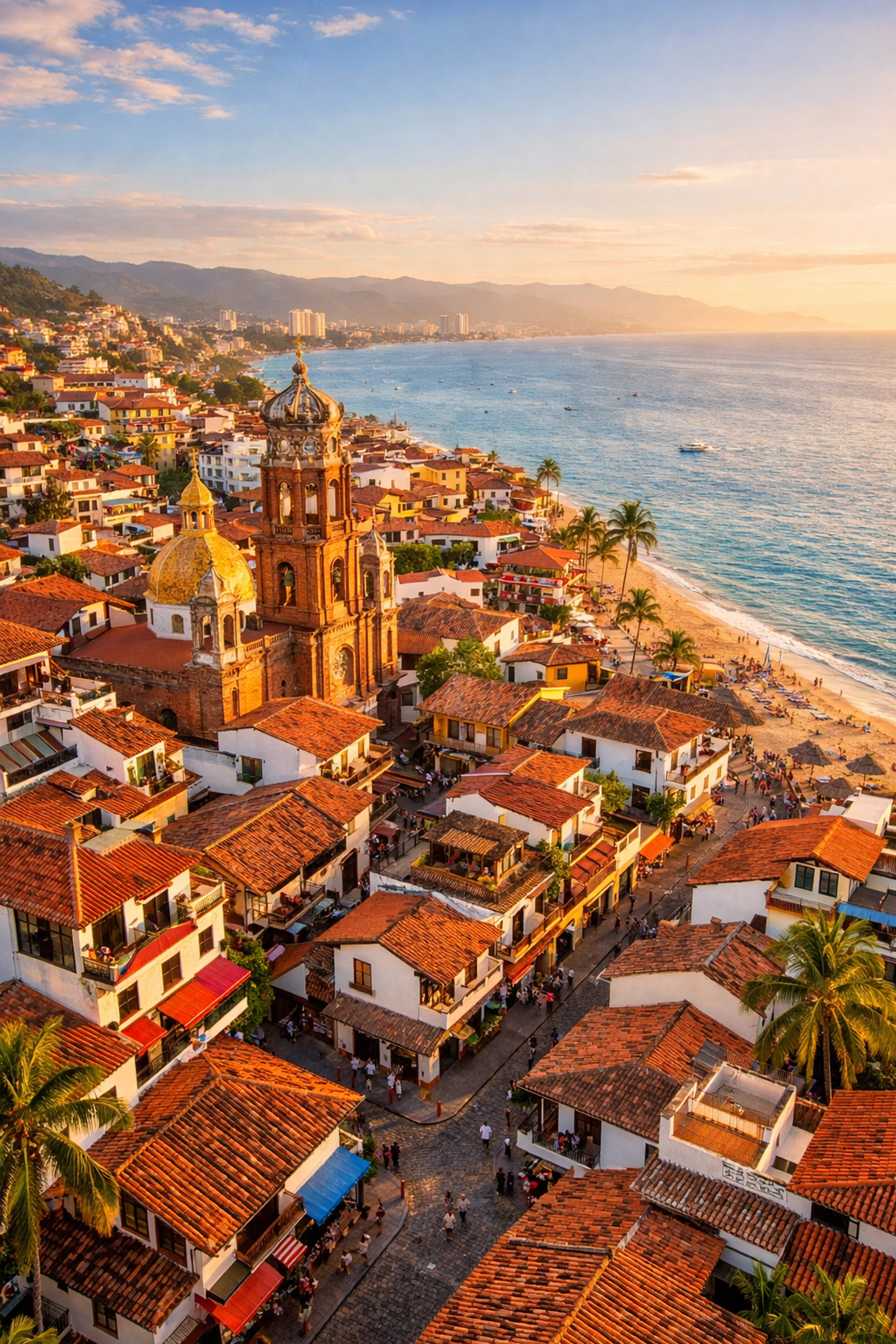 Aerial view of Puerto Vallarta's Old Town with colorful buildings and Bay of Banderas