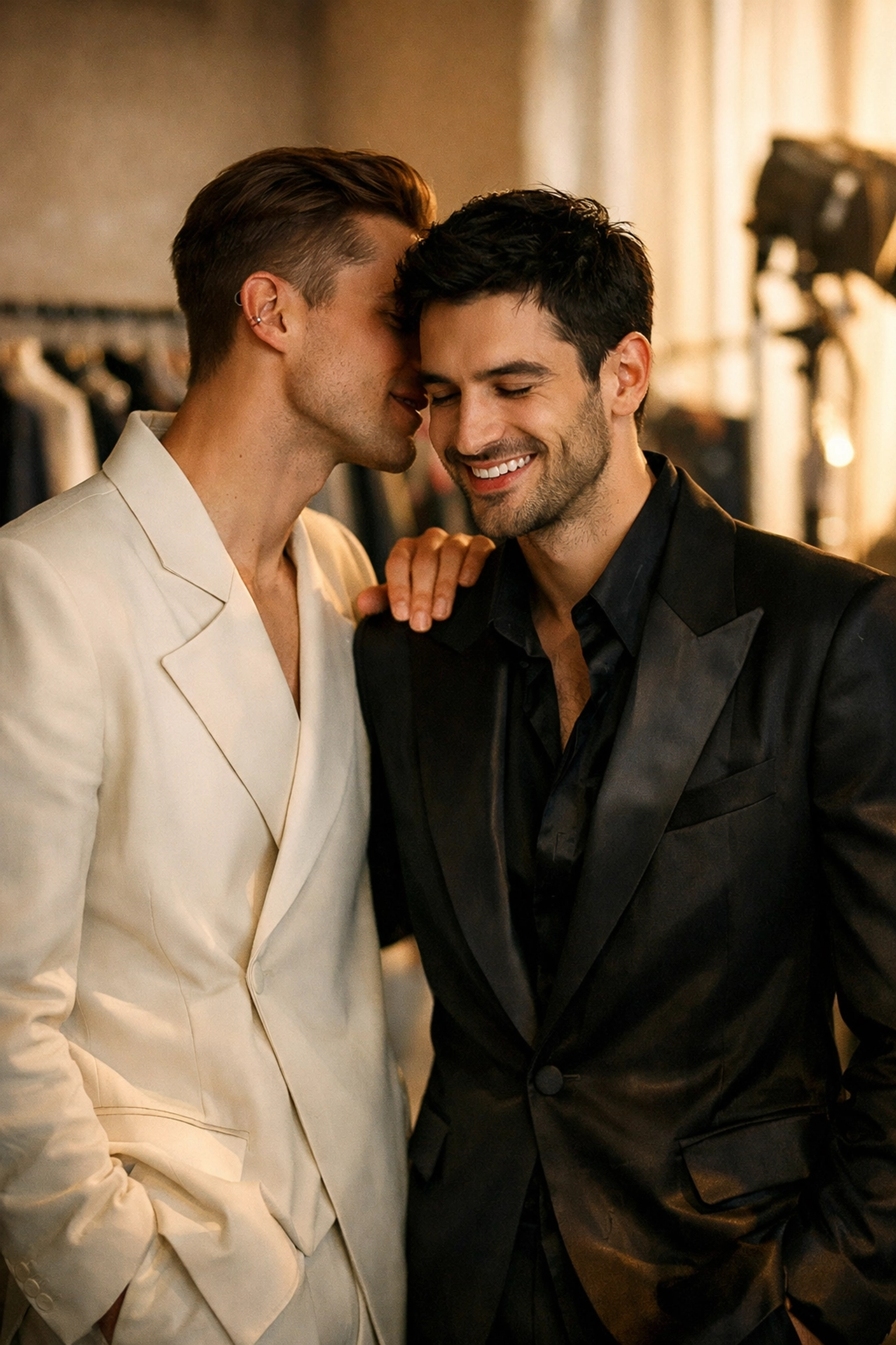 Two male models in suits share an intimate moment behind the scenes of a show, a classic trope in MM romance novels.