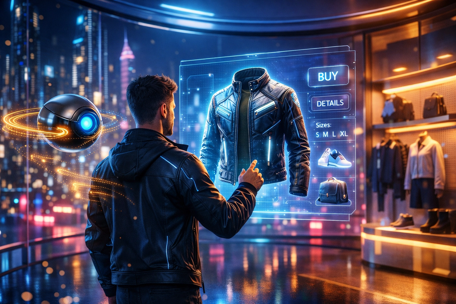 Digital avatar shopping in a futuristic metaverse boutique with an AI assistant for Larecoin.ai payments.