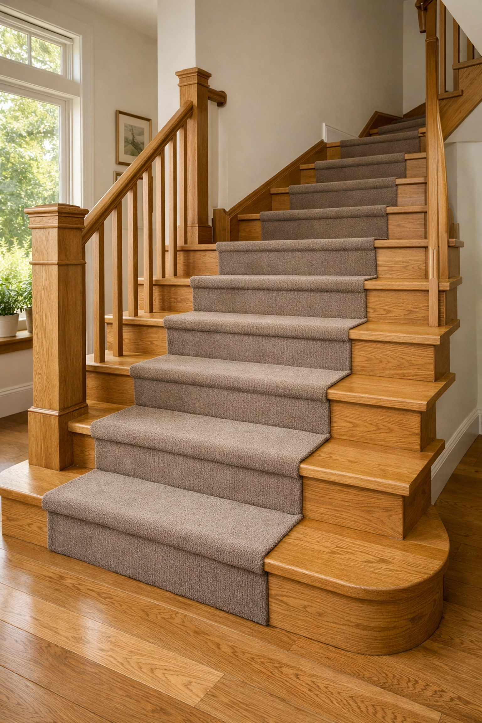 Modern wooden staircase with closed risers and a low-pile carpet runner for improved home safety.