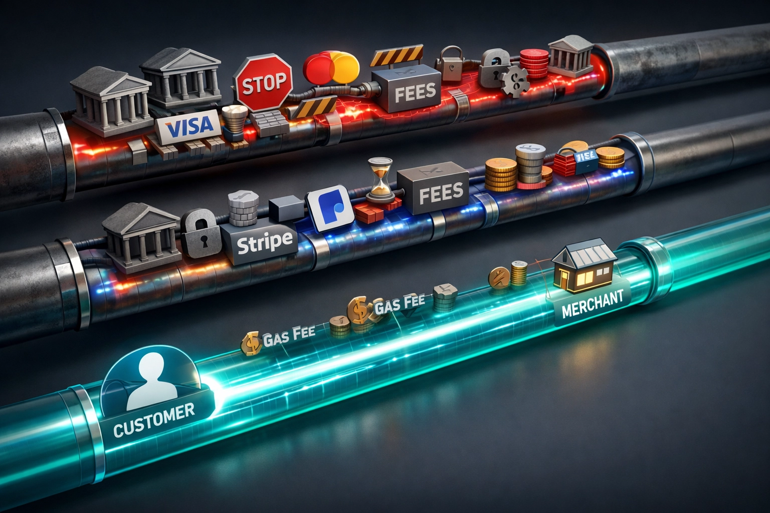 Comparison of traditional payment processing fees versus instant crypto settlement