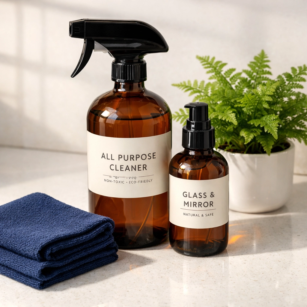 Professional eco-friendly cleaning supplies and microfiber cloths for luxury residential cleaning Massachusetts.