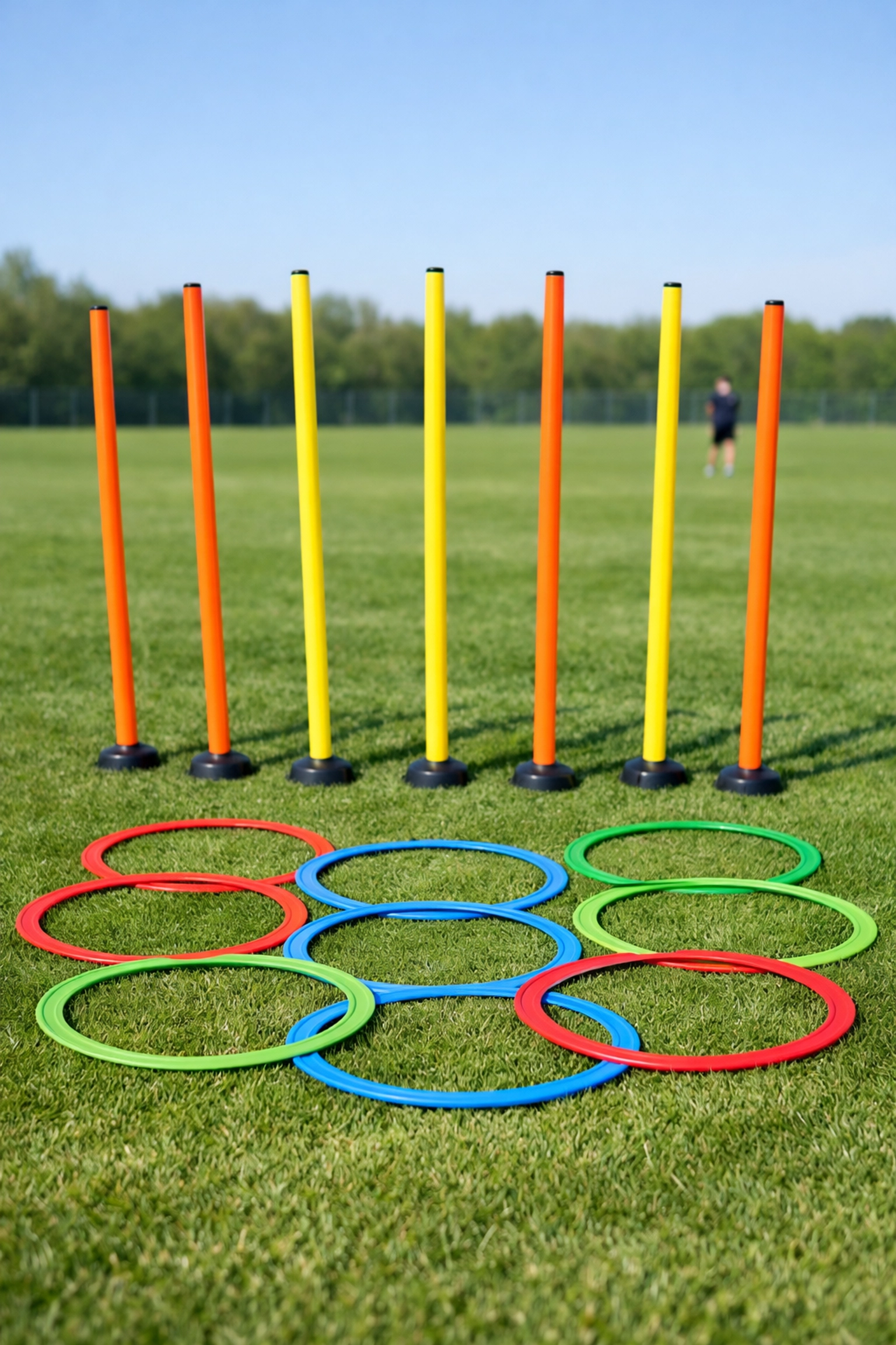 Affordable marker poles and agility hoops arranged on pitch for grassroots team training