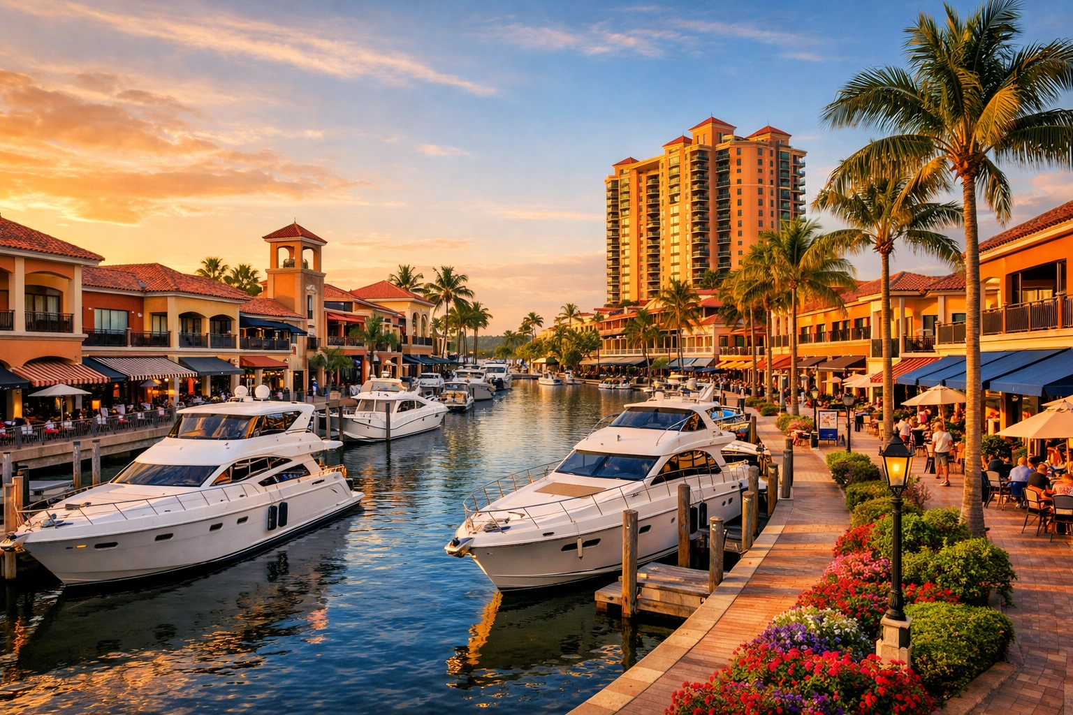 Upscale gated communities in Cape Coral Florida at a luxury marina during golden hour.