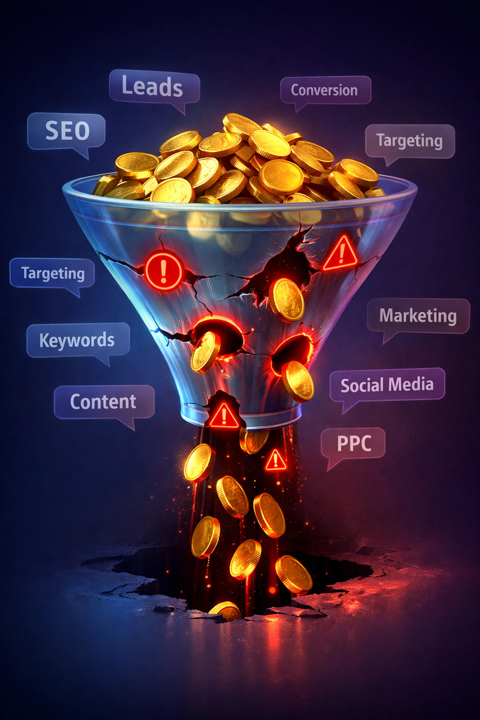 Wasted Google Ads budget from broad keywords falling through funnel with holes