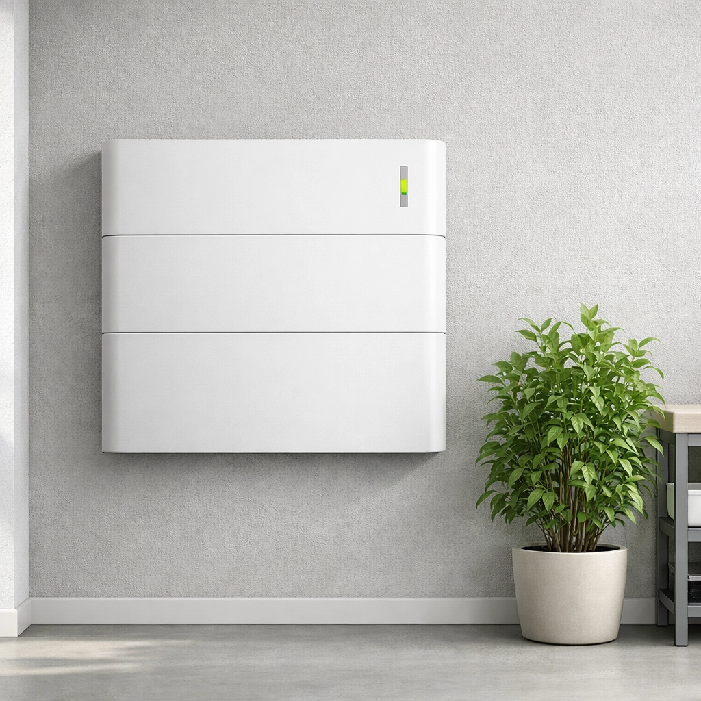 Sleek wall-mounted home battery storage system for backup power and energy independence.