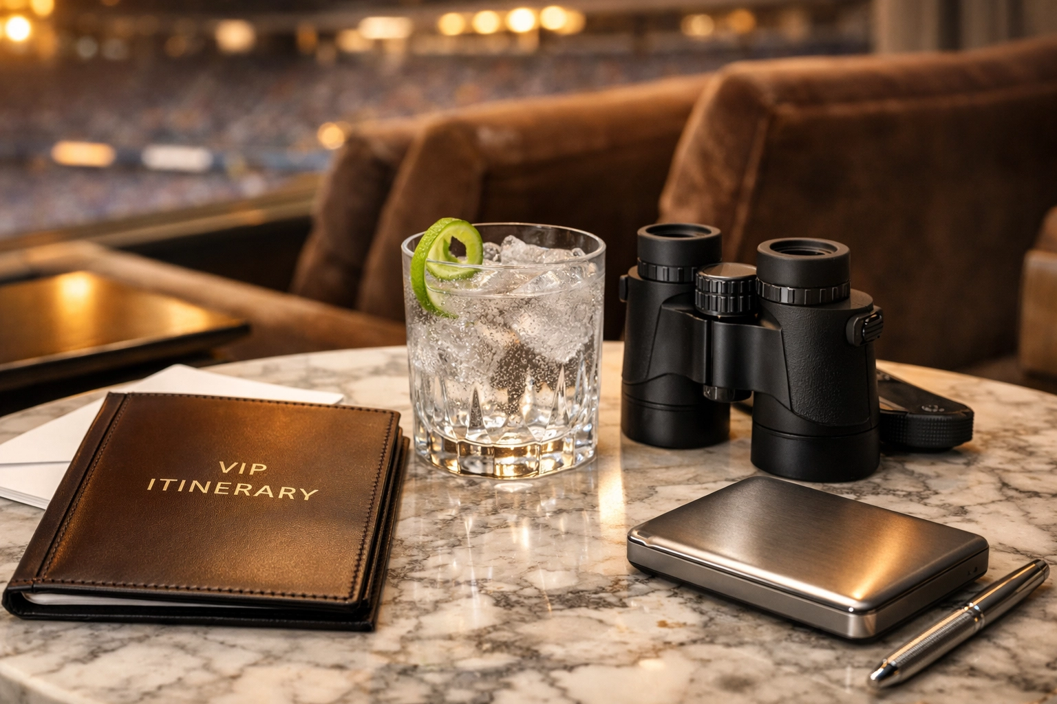 Luxury Super Bowl VIP hospitality setup with personalized executive itinerary and high-end corporate gifts.