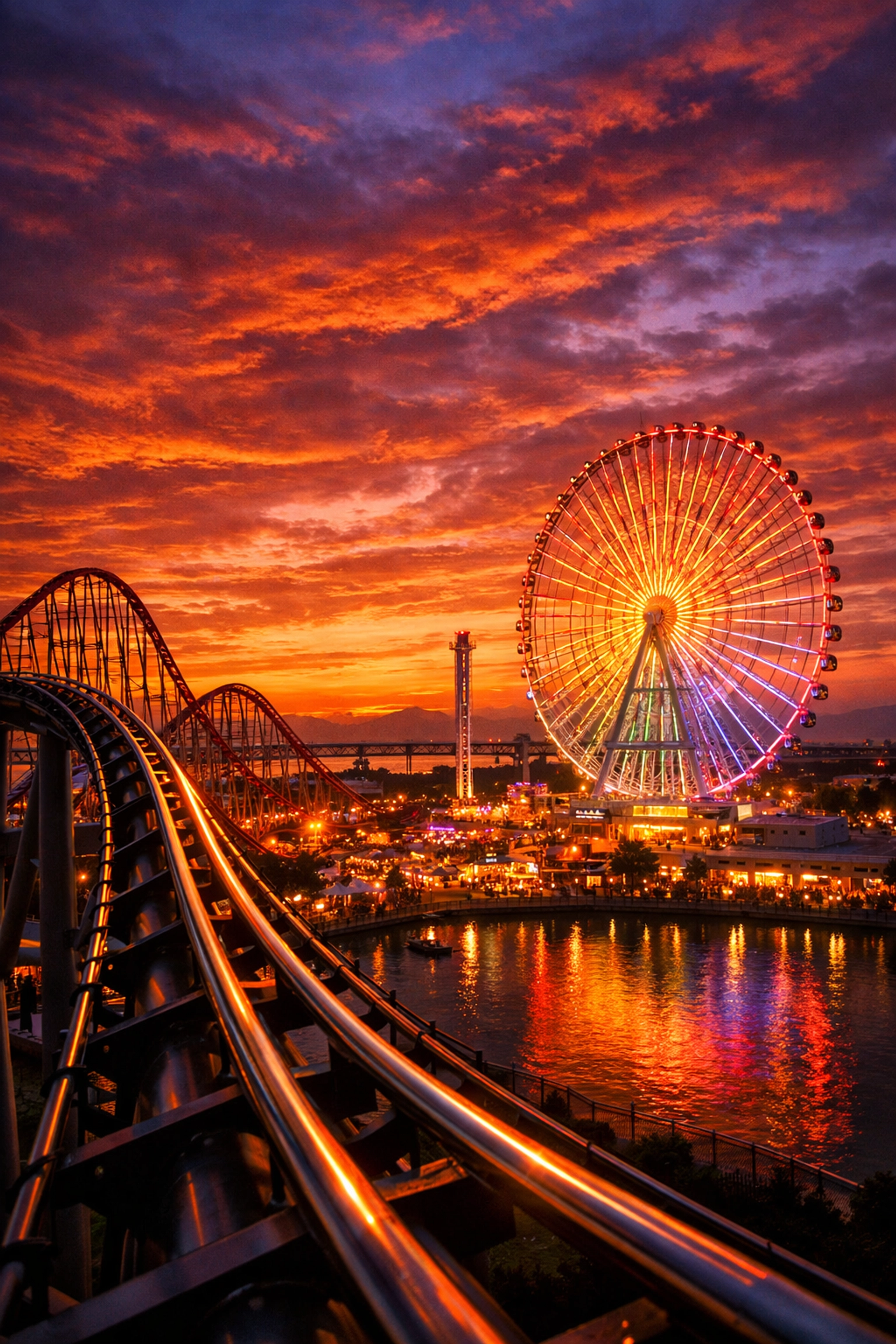 Sunset view of the illuminated Ferris wheel at Nagashima Spa Land, perfect for ethereal travel photo spots.