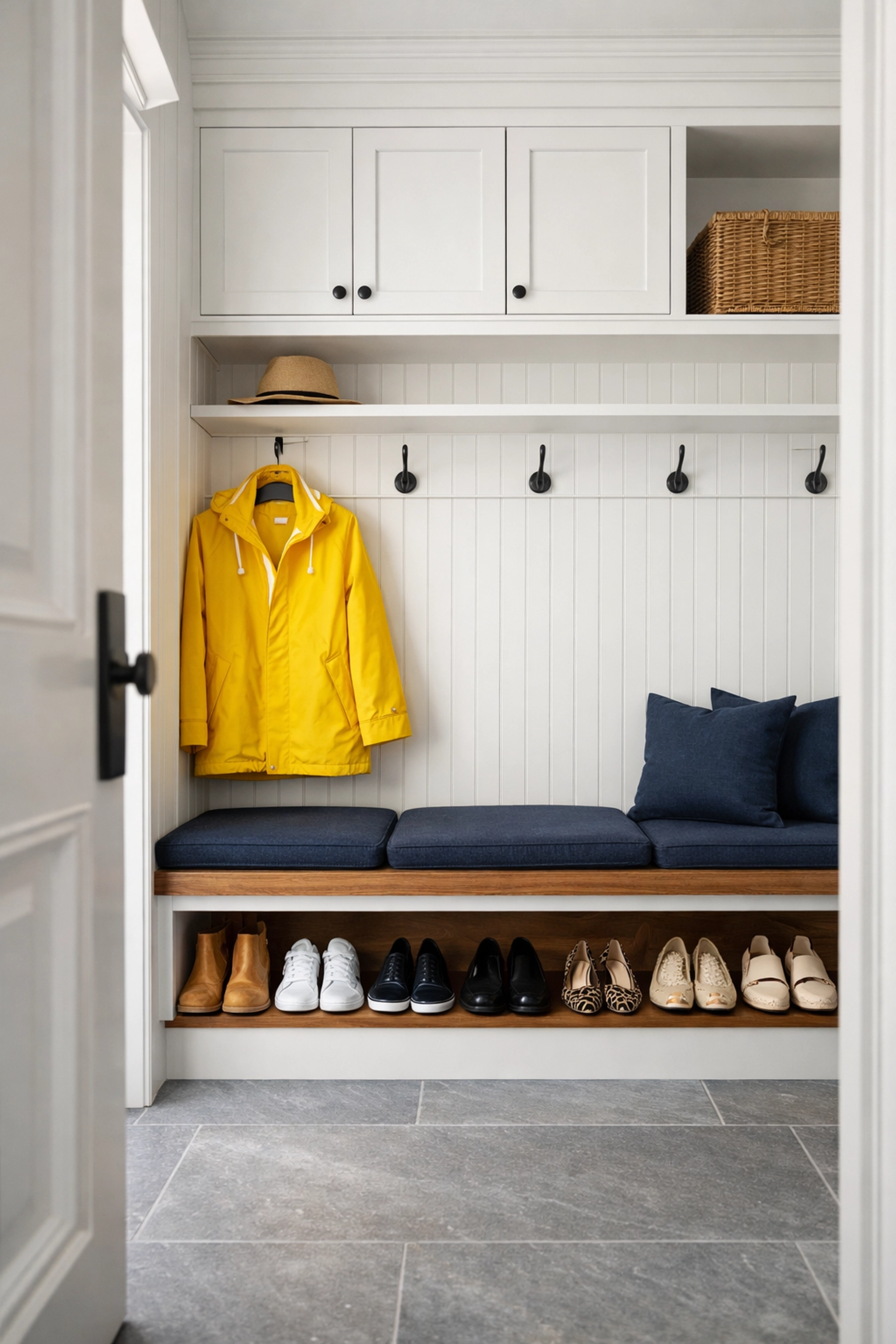 Spotless mudroom entryway in a luxury home after a professional residential cleaning MA service.