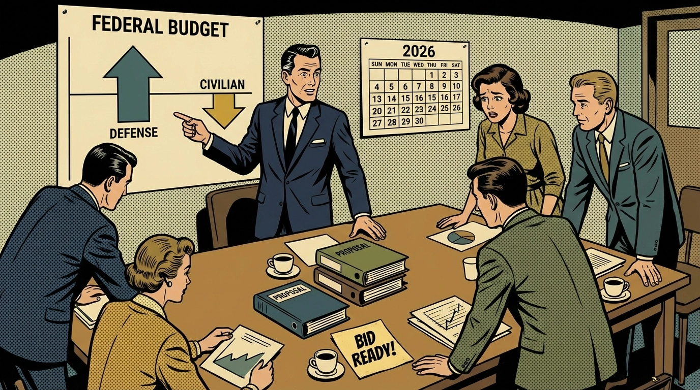 Business team analyzing federal budget charts with proposal binders, illustrating defense spending shifts and contractor strategy in 2026