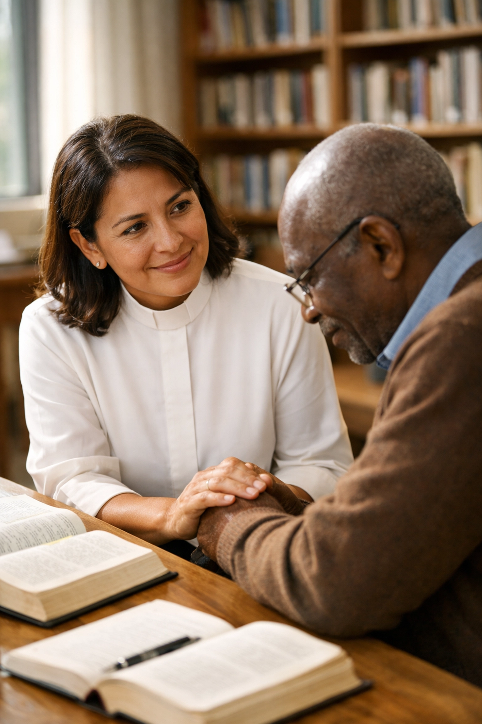 A Hispanic female pastor in a white clerical collar modeling sacrificial leadership at a theological seminary.