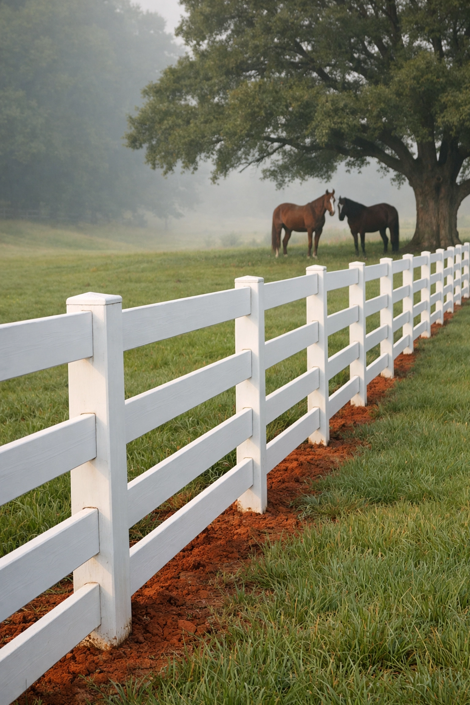 White four-board horse fencing along pasture with grazing horses in York County SC