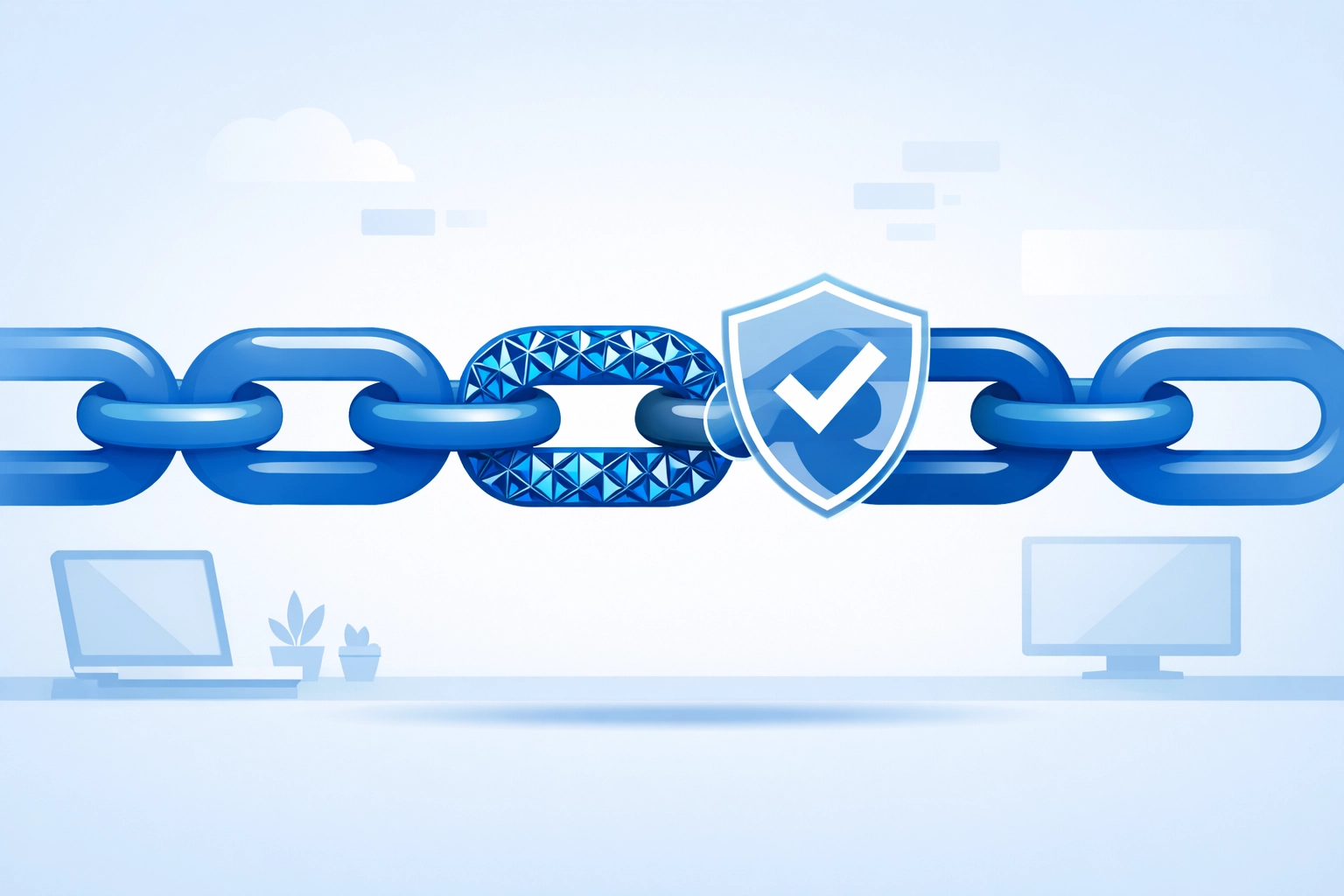Interconnected digital links with a security shield representing a vendor risk assessment and network audit.