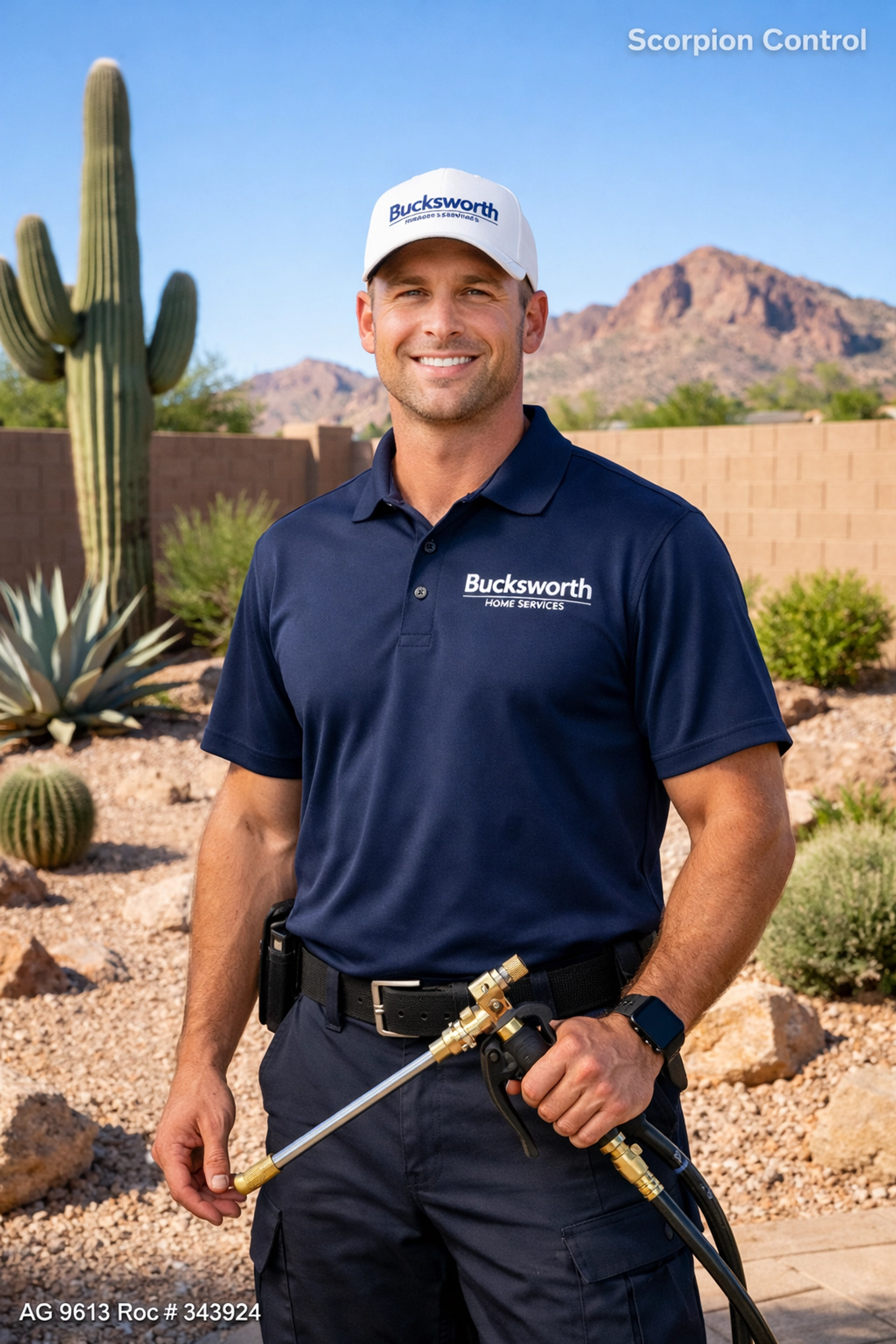 Bucksworth technician performing expert scorpion control in a Mesa AZ backyard.