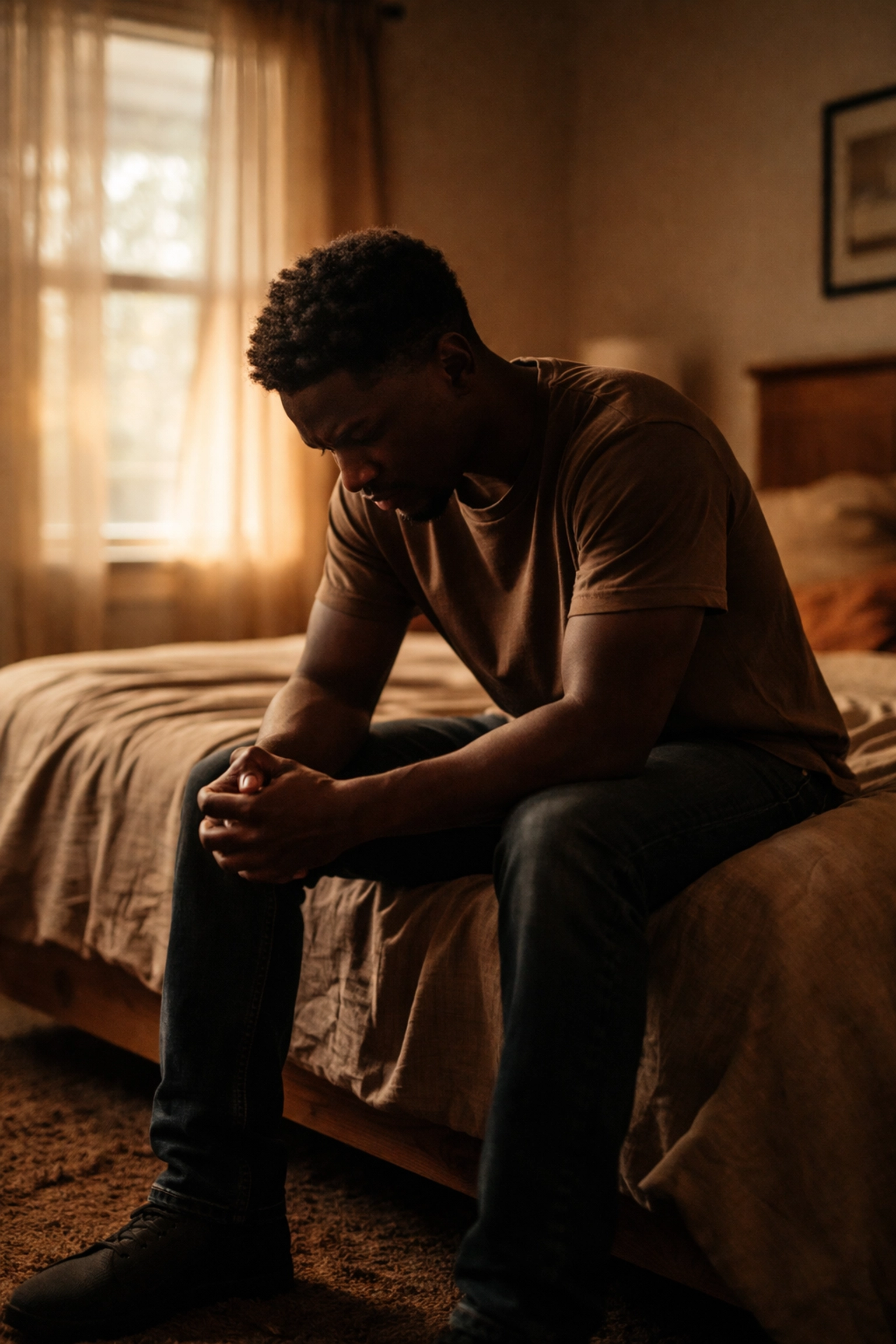 Black man sits alone on a bed in a dim room, representing relationship stress and mental health struggles.