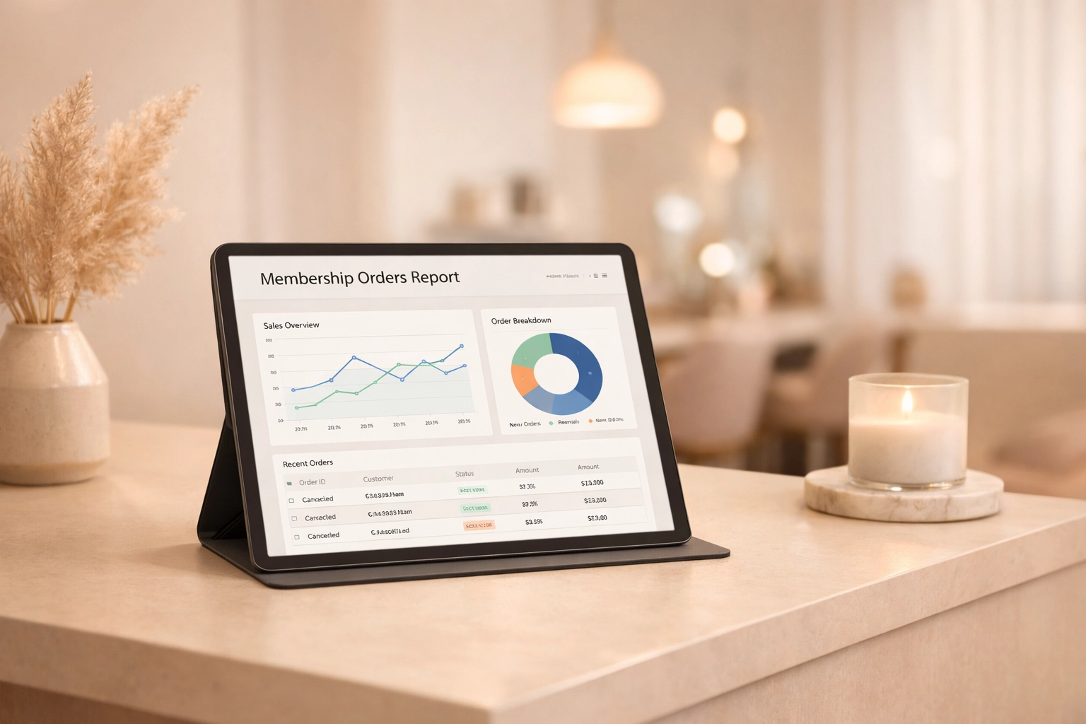 Salon membership management report on a tablet at a modern reception desk for seamless payments.
