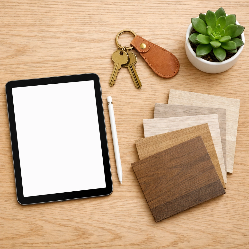 Strategic property maintenance planning in Saskatoon using a digital tablet and flooring samples.