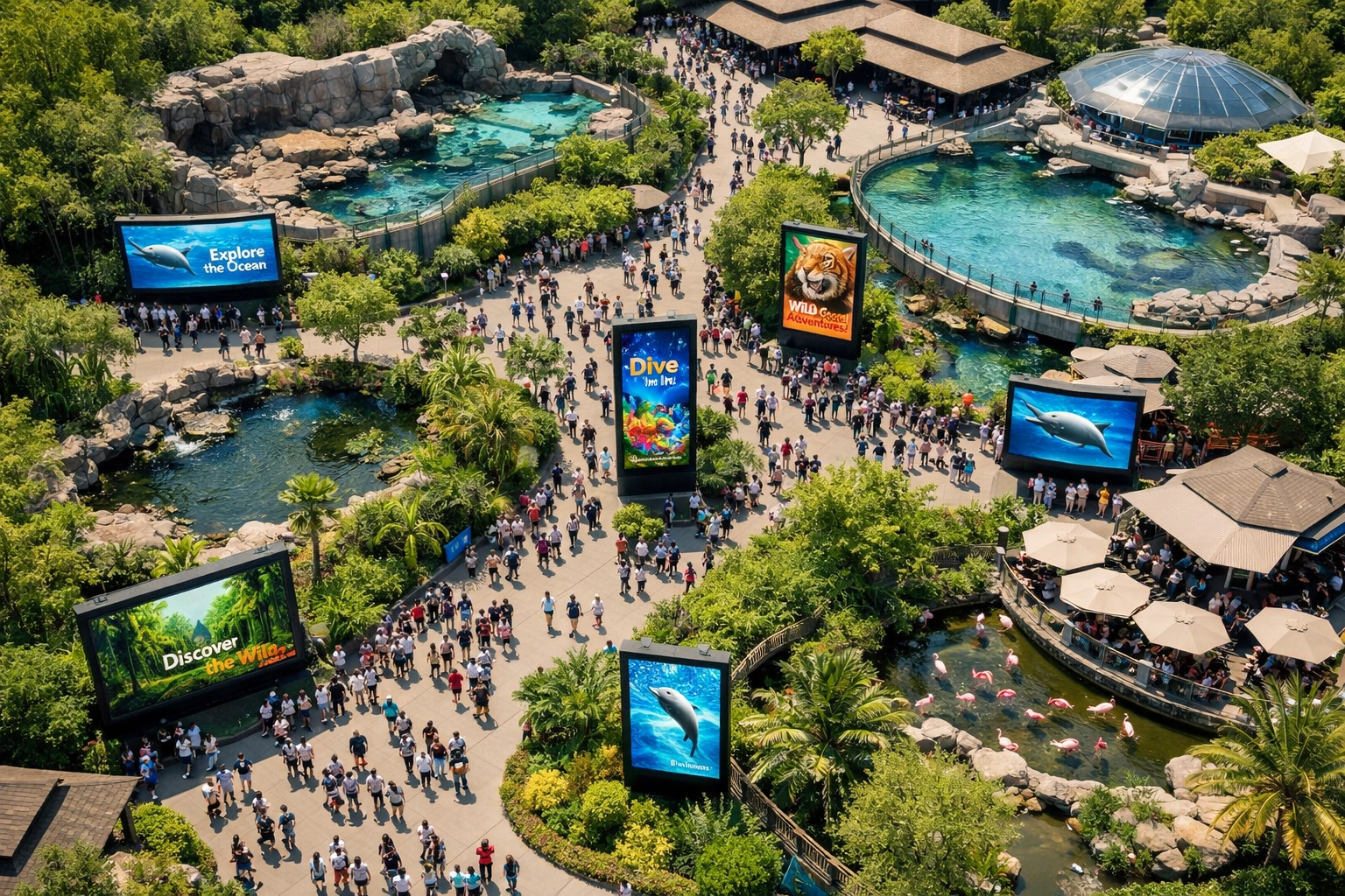 Aerial view of zoo venue with digital advertising displays and visitor pathways