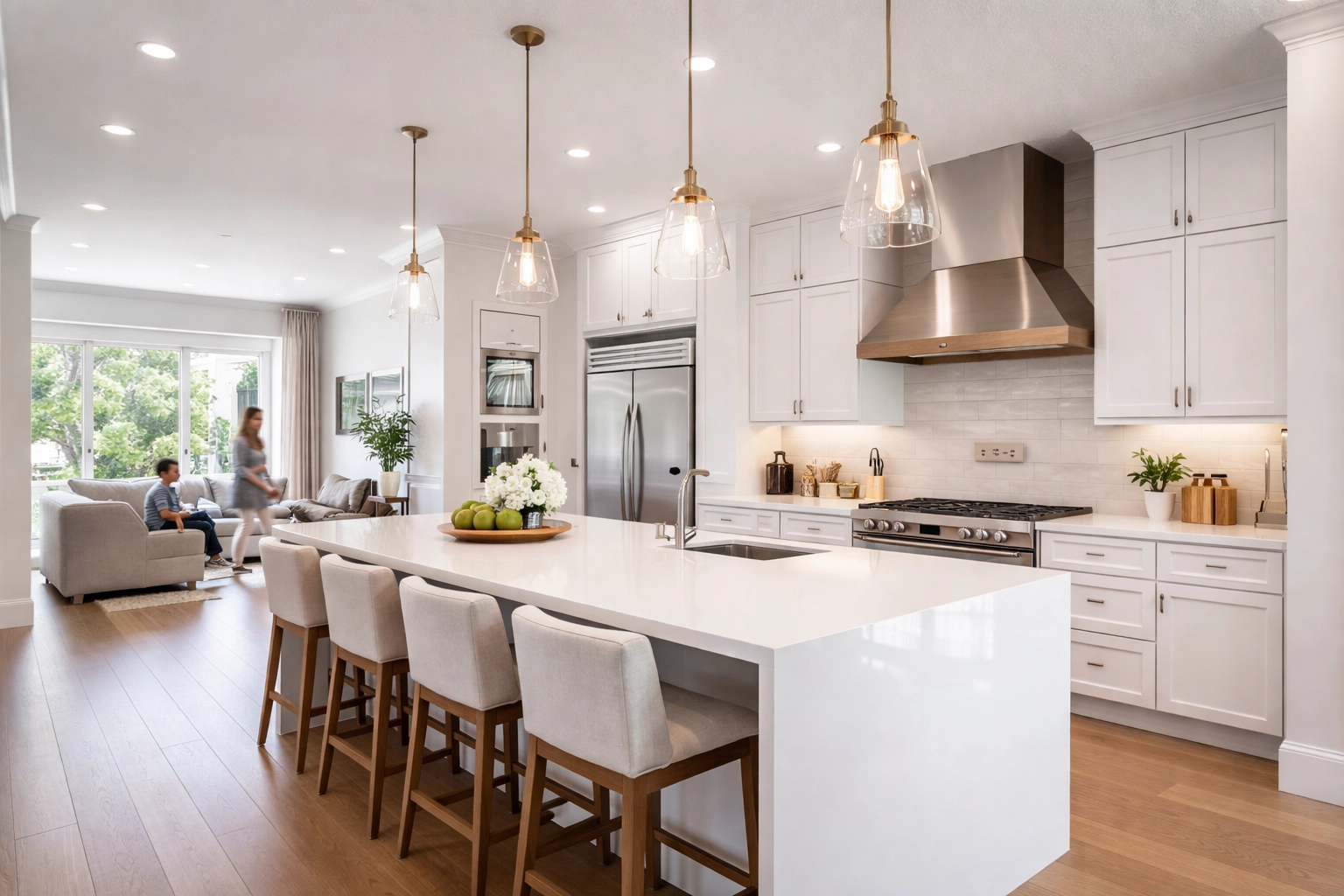 Completed modern Orlando kitchen remodel with open layout, large island, and bright family-friendly design.