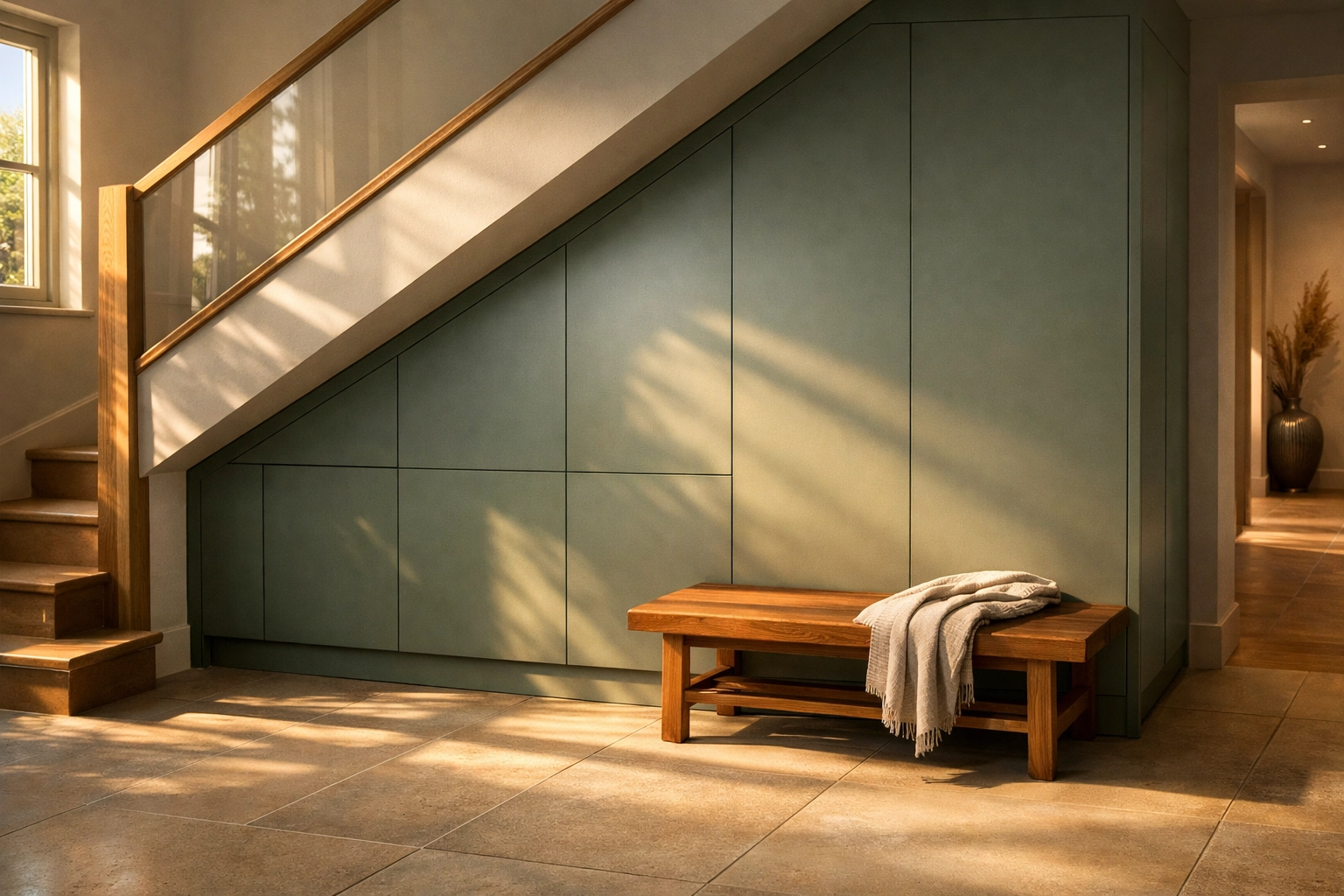 Bespoke sage green under-stairs storage cabinets and minimalist hallway furniture in a Sussex home.