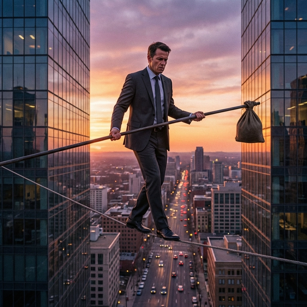 Businessperson on a tightrope between skyscrapers symbolizing balanced risk-taking for institutional portfolios.