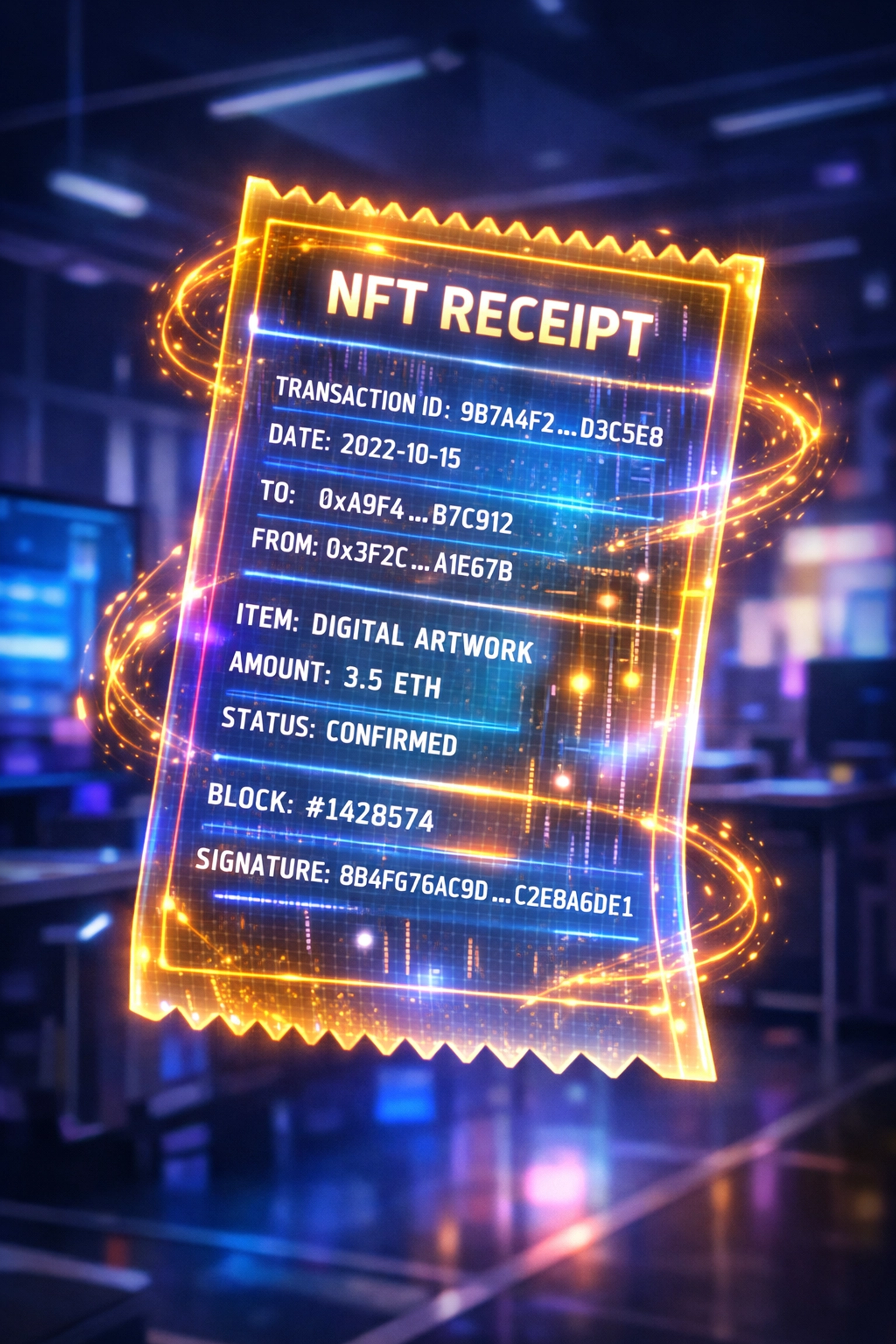 NFT receipt with blockchain transaction data for immutable crypto payment records