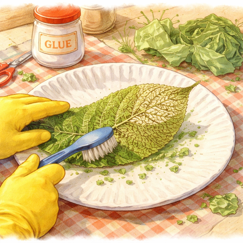 Close-up of gloved hands gently brushing a leaf to reveal its intricate skeleton during a kids' science activity.