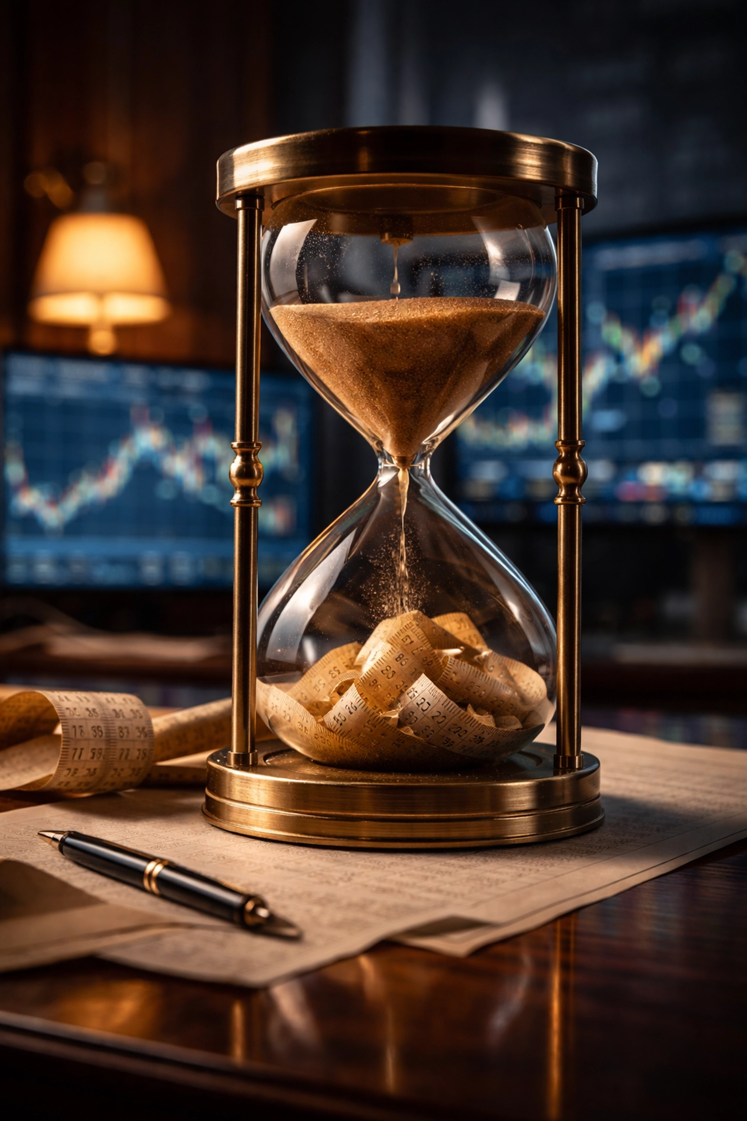 Hourglass with stock ticker and financial data, illustrating strategic investment timing and risk management