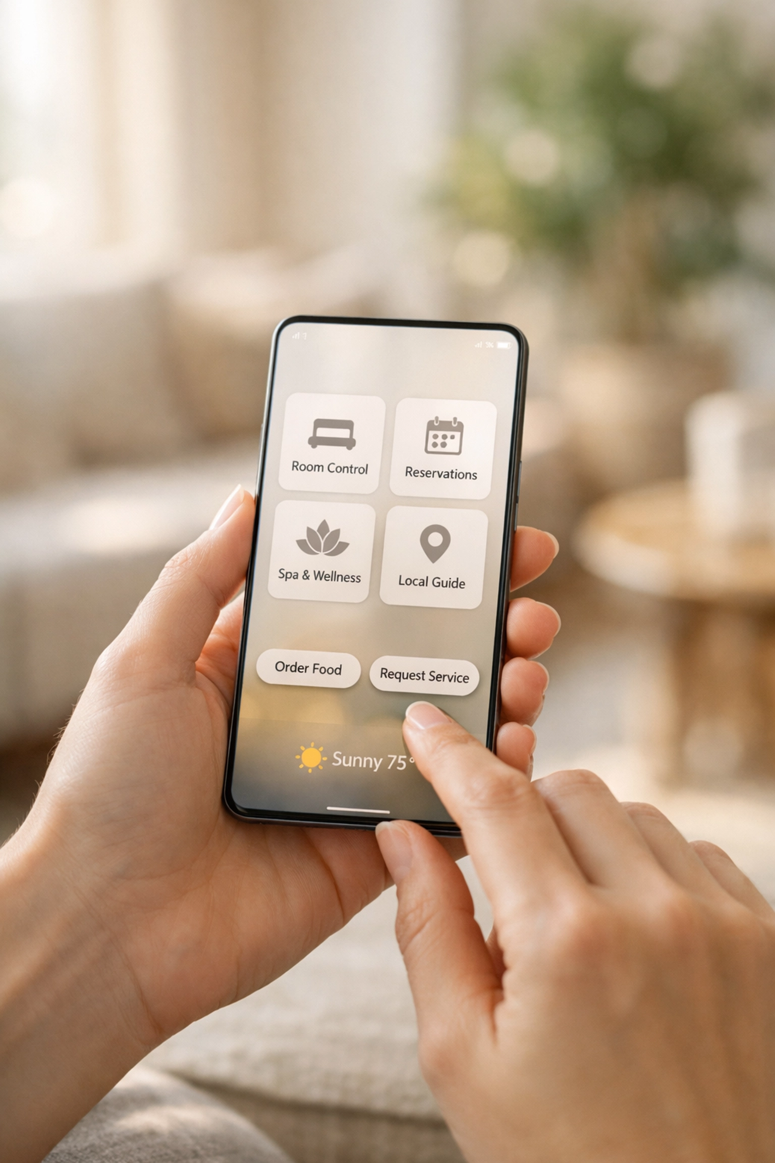 Guest booking a hotel stay on a smartphone, highlighting a mobile-friendly guest experience.
