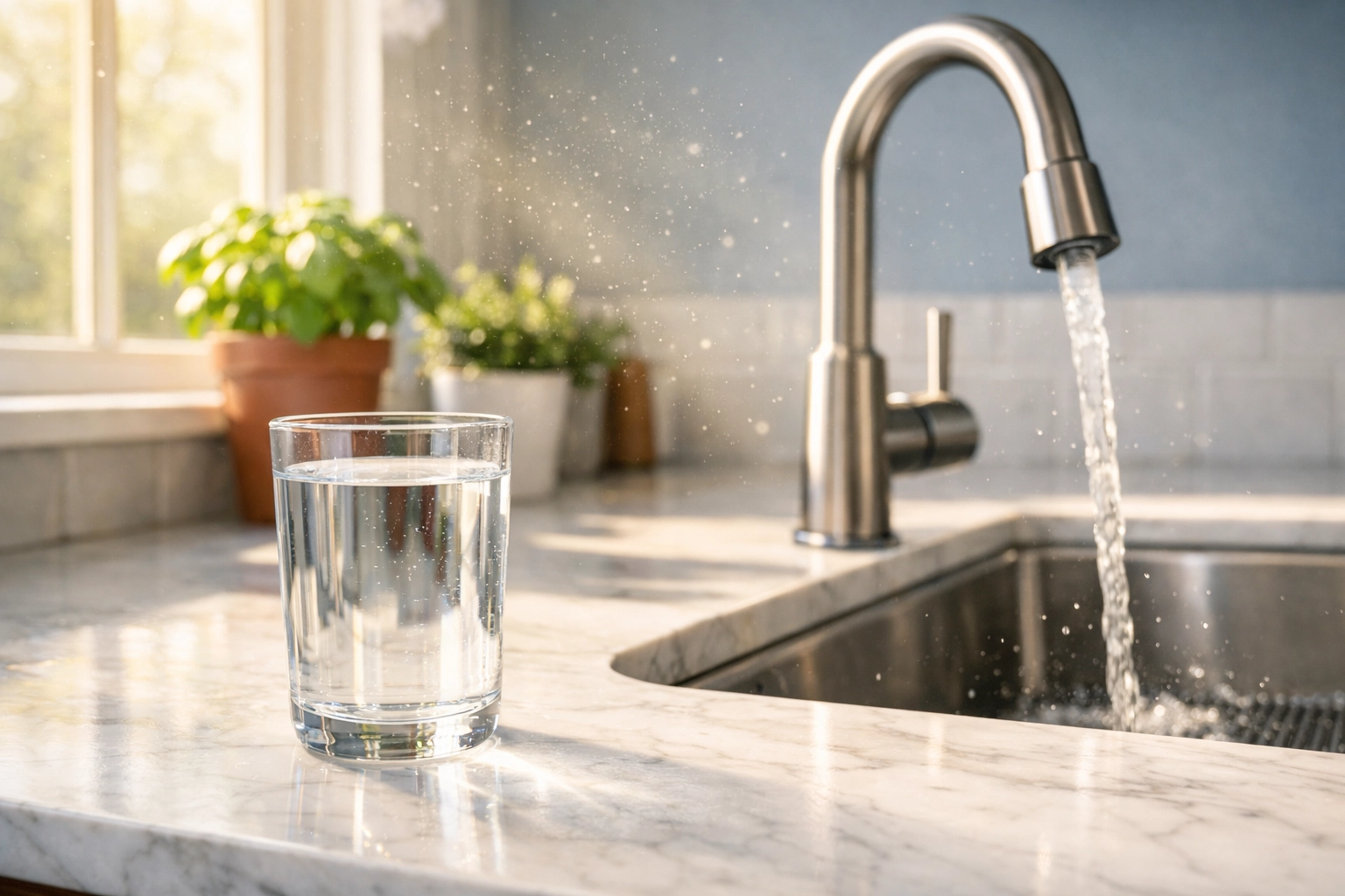 Glass of tap water in Denver home kitchen with running sink faucet