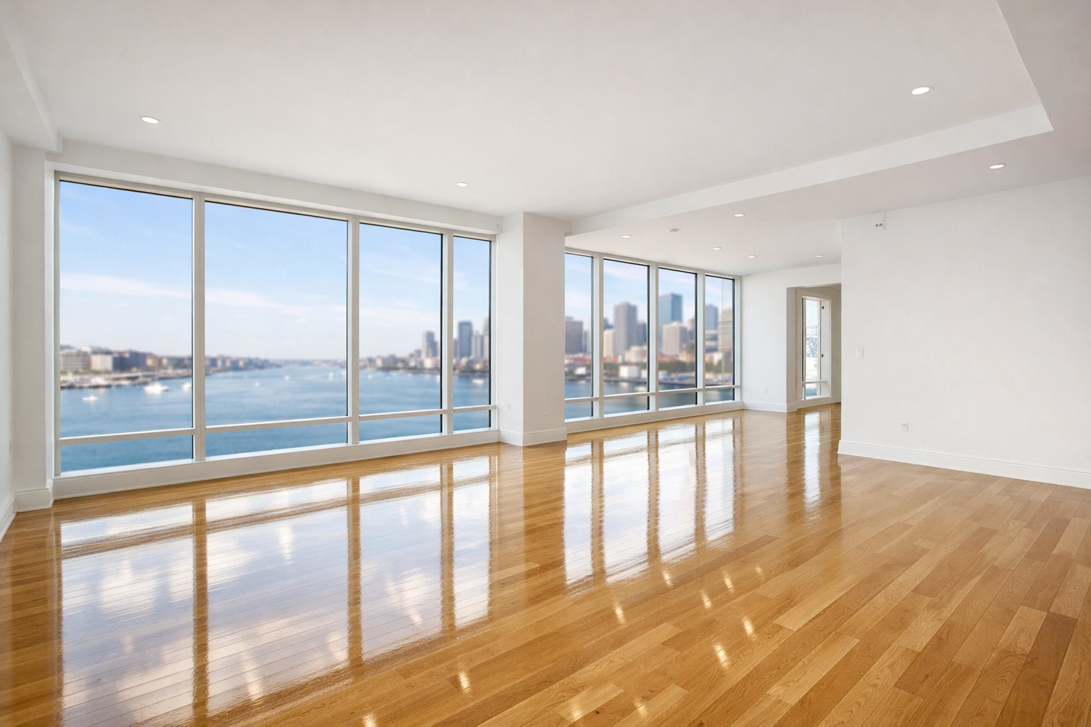 Sunlight reflecting off polished floors in an empty Seaport apartment after professional move-out cleaning.