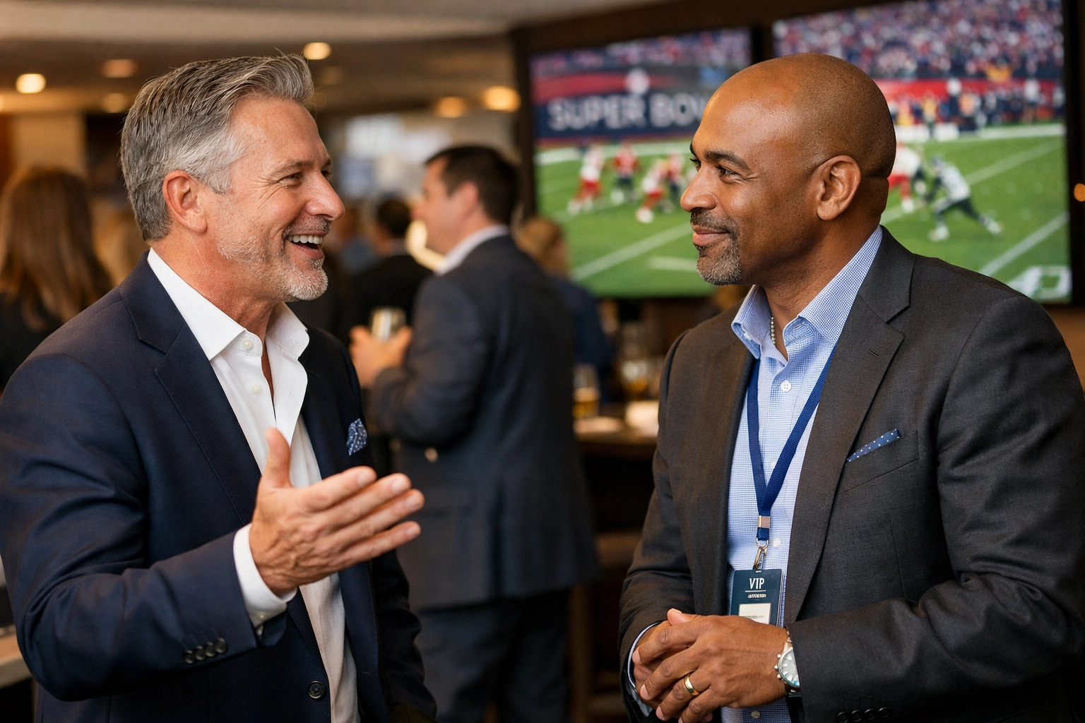 NEWSLETTER: Your Quick-Start Guide to Super Bowl Networking Success – Transform Game Day Into Deal-Closing Gold Two business executives having engaging conversation in Super Bowl VIP hospitality area
