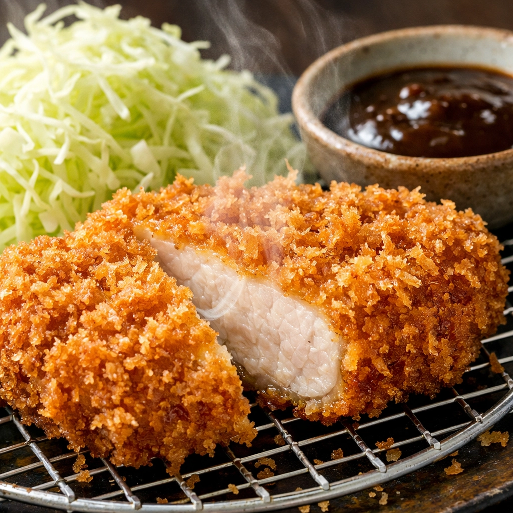 Close-up of crispy tonkatsu with cabbage, highlighting Tokyo’s incredible local budget travel food.