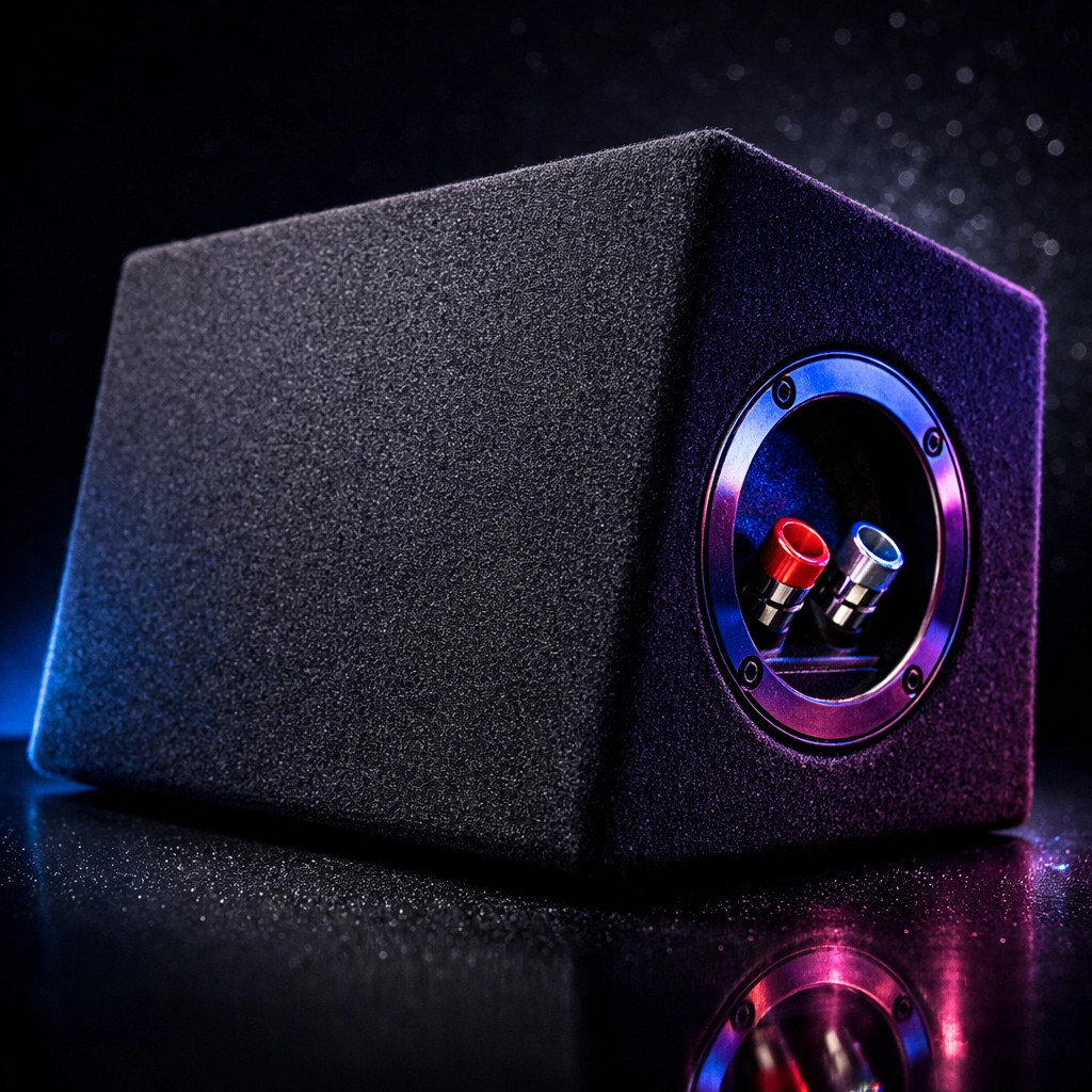 Compact sealed subwoofer enclosure with mounting terminals for car audio systems