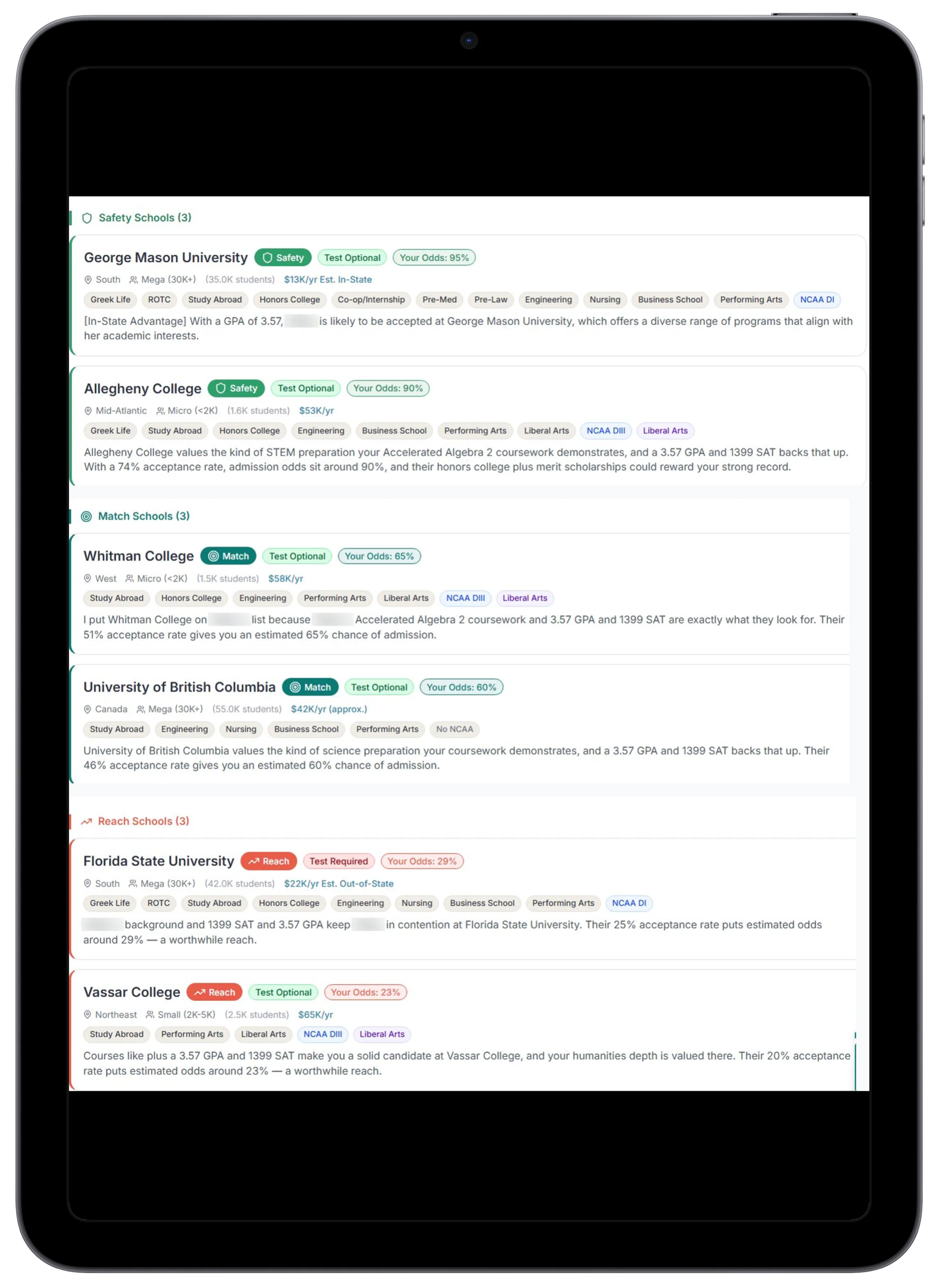 My School List platform on a tablet showing personalized college list and admission odds