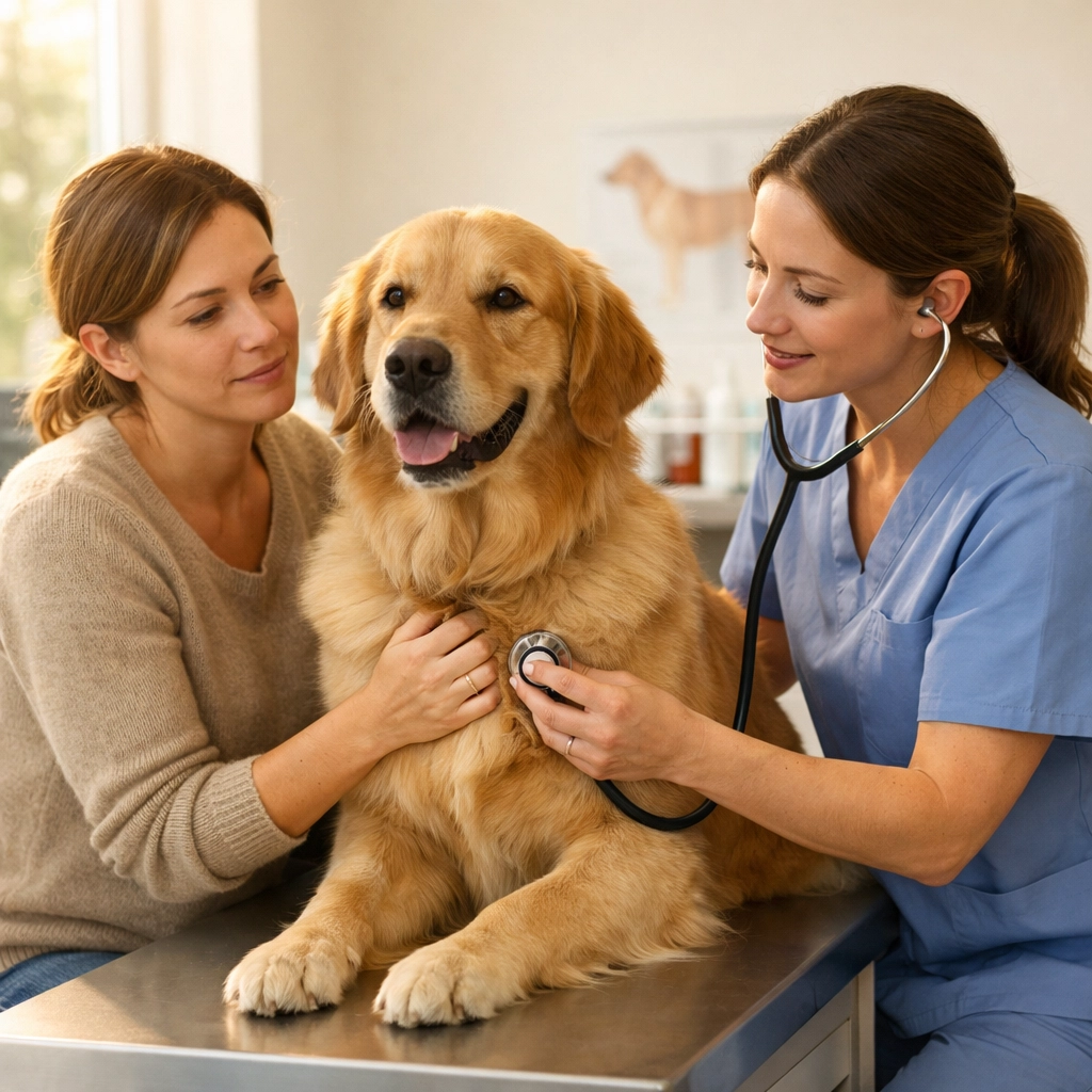 Pet owner and golden retriever being examined by a veterinarian, highlighting rising vet costs in New England.