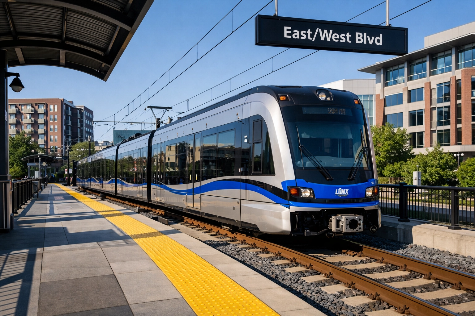 CATS Blue Line light rail train stopped at East/West Boulevard station in South End Charlotte.