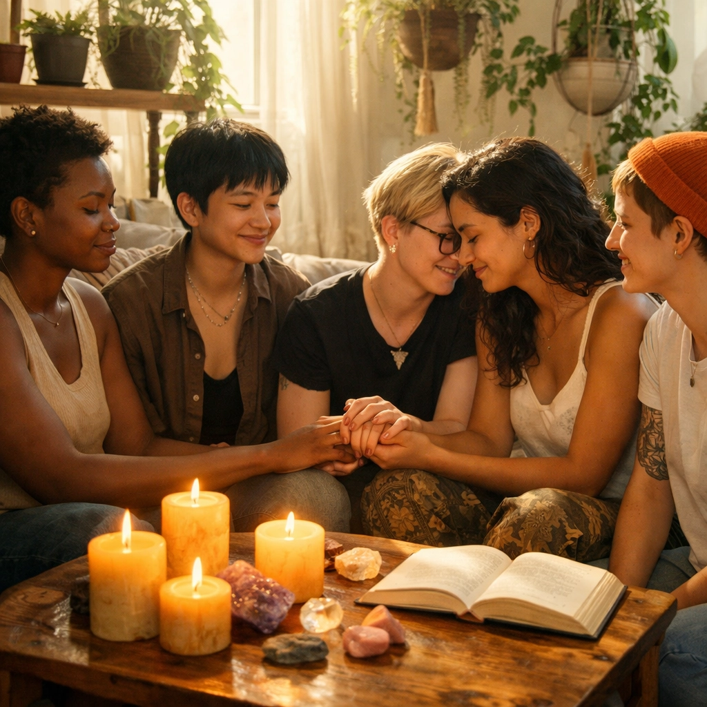LGBTQ+ friends gathering for a spiritual ritual, emphasizing the importance of found family and community.