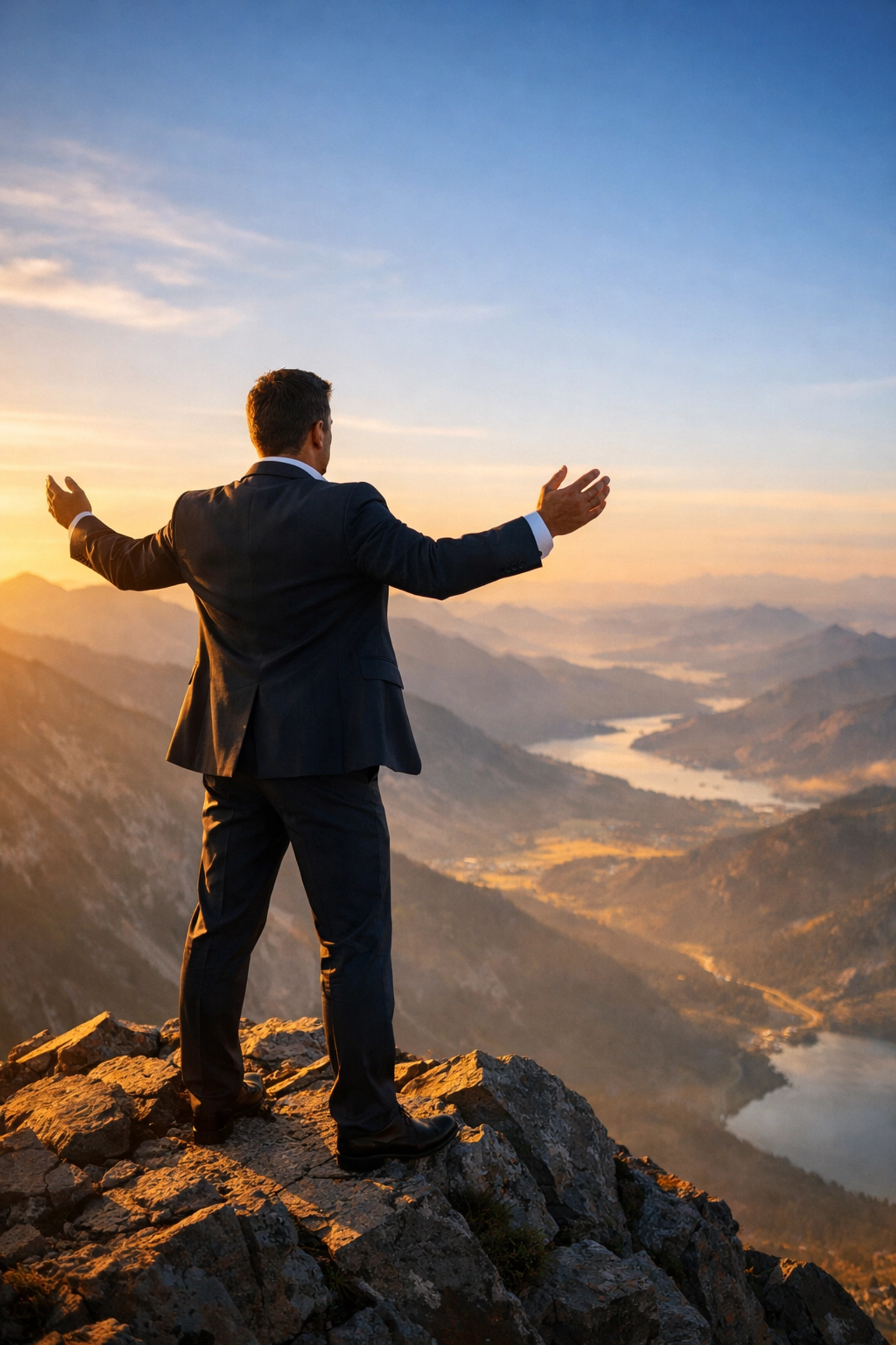 Business leader at mountain peak symbolizing executive resilience and career growth