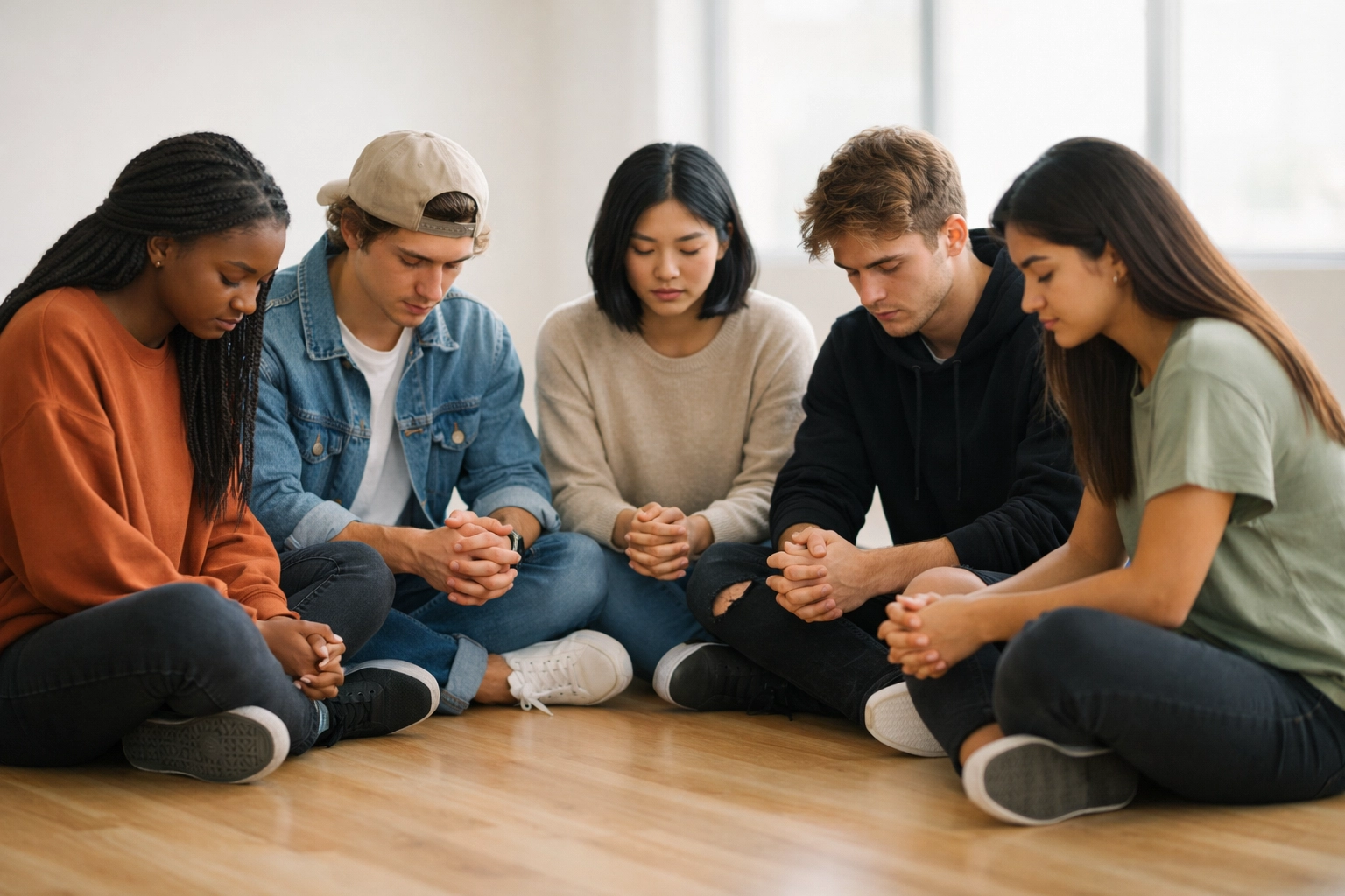 A diverse group of Gen Z students gathered in a quiet circle for prayer and spiritual discipleship.