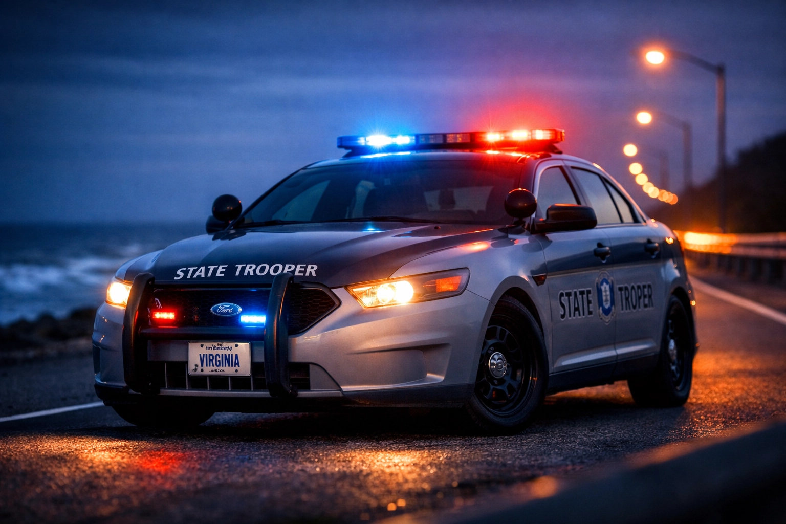 Virginia Beach police patrol car with emergency lights during DUI traffic stop