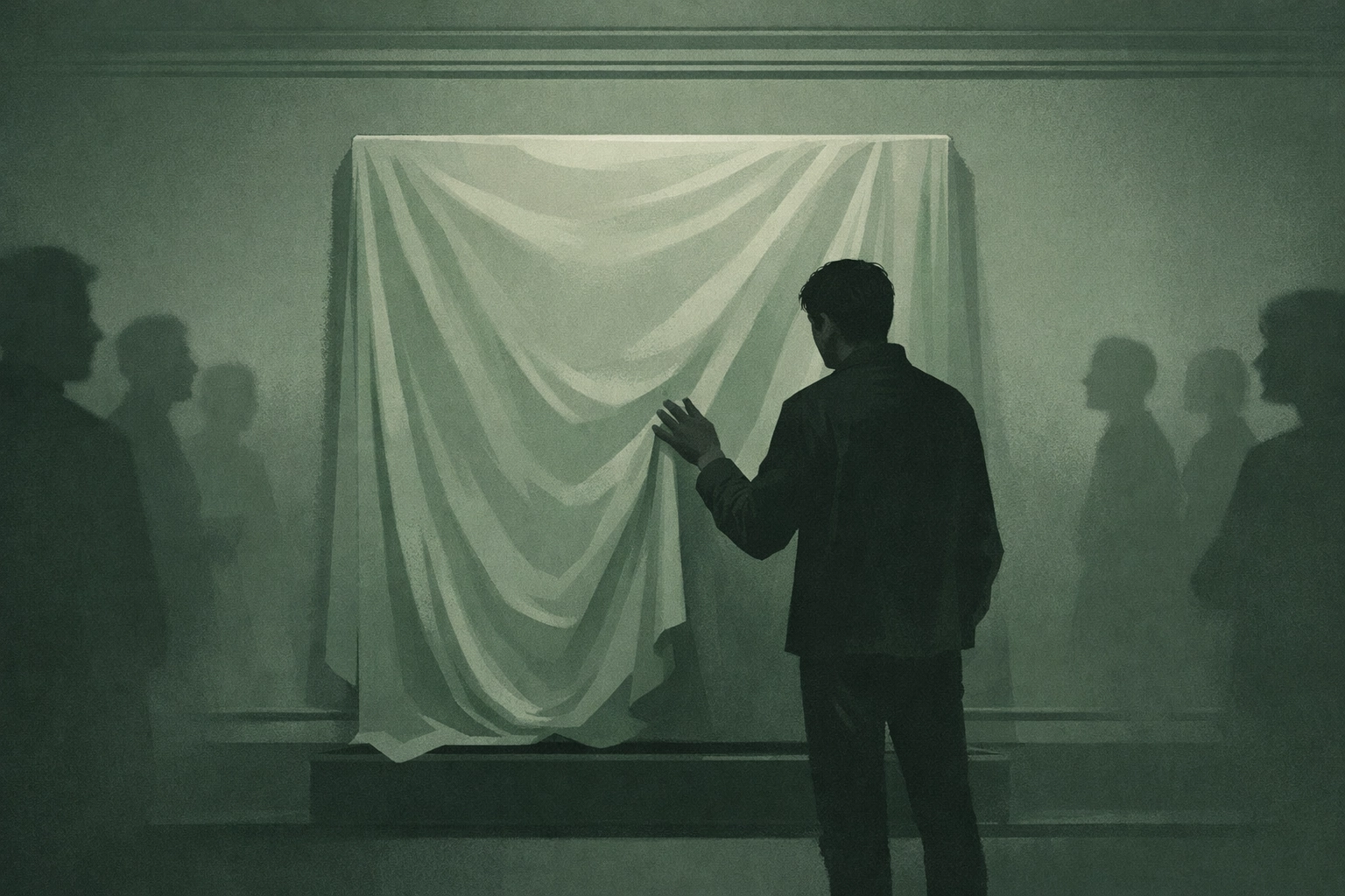 Male artist unveiling portrait at gallery opening - gay coming out through art