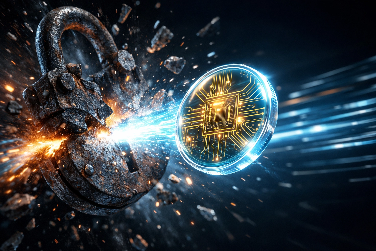 Digital receivables token breaking an iron lock symbolizing lower merchant fees and decentralized blockchain payments.