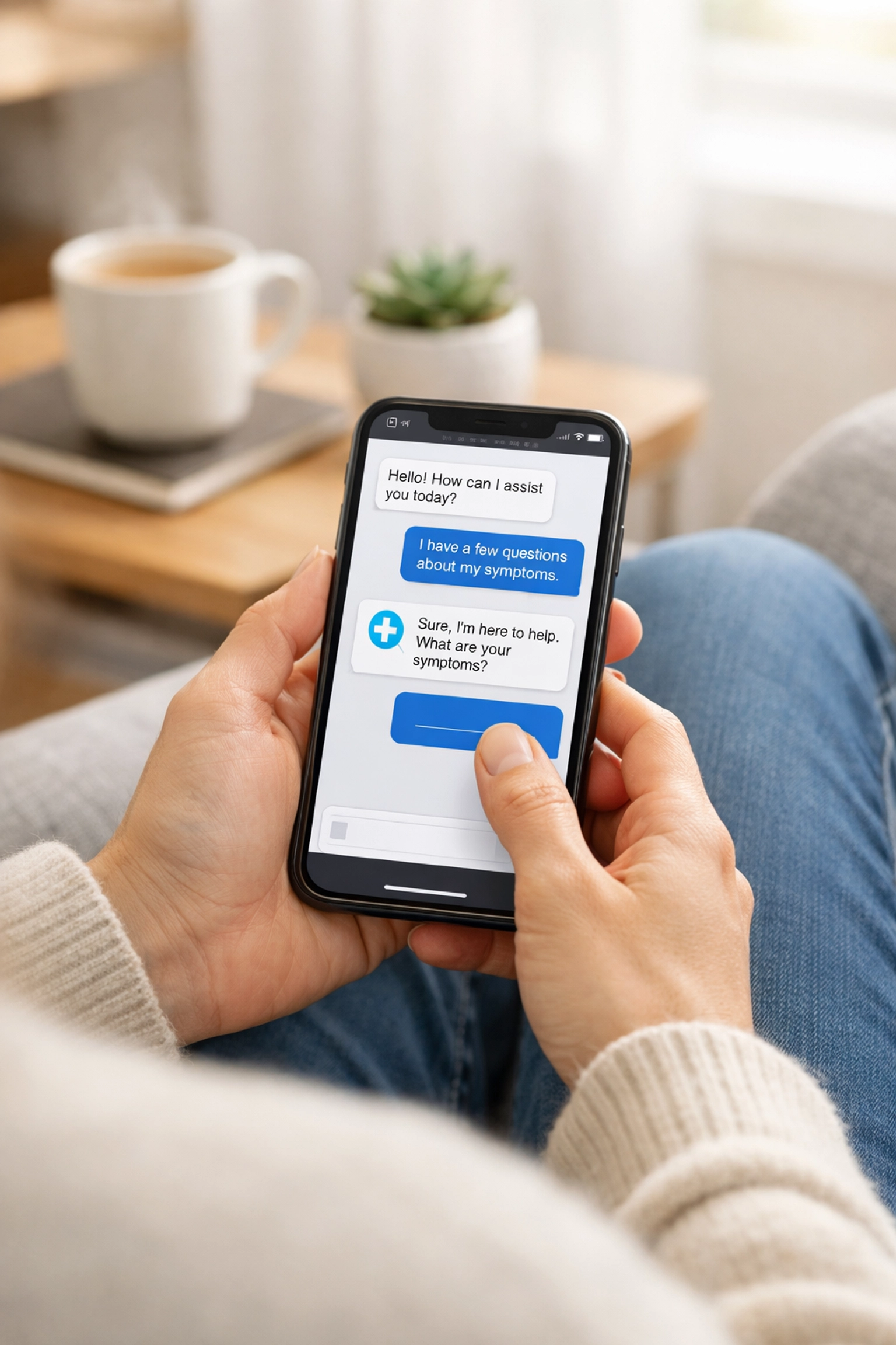 Person using a smartphone for a secure text-based medical consultation and private online doctor chat at home.