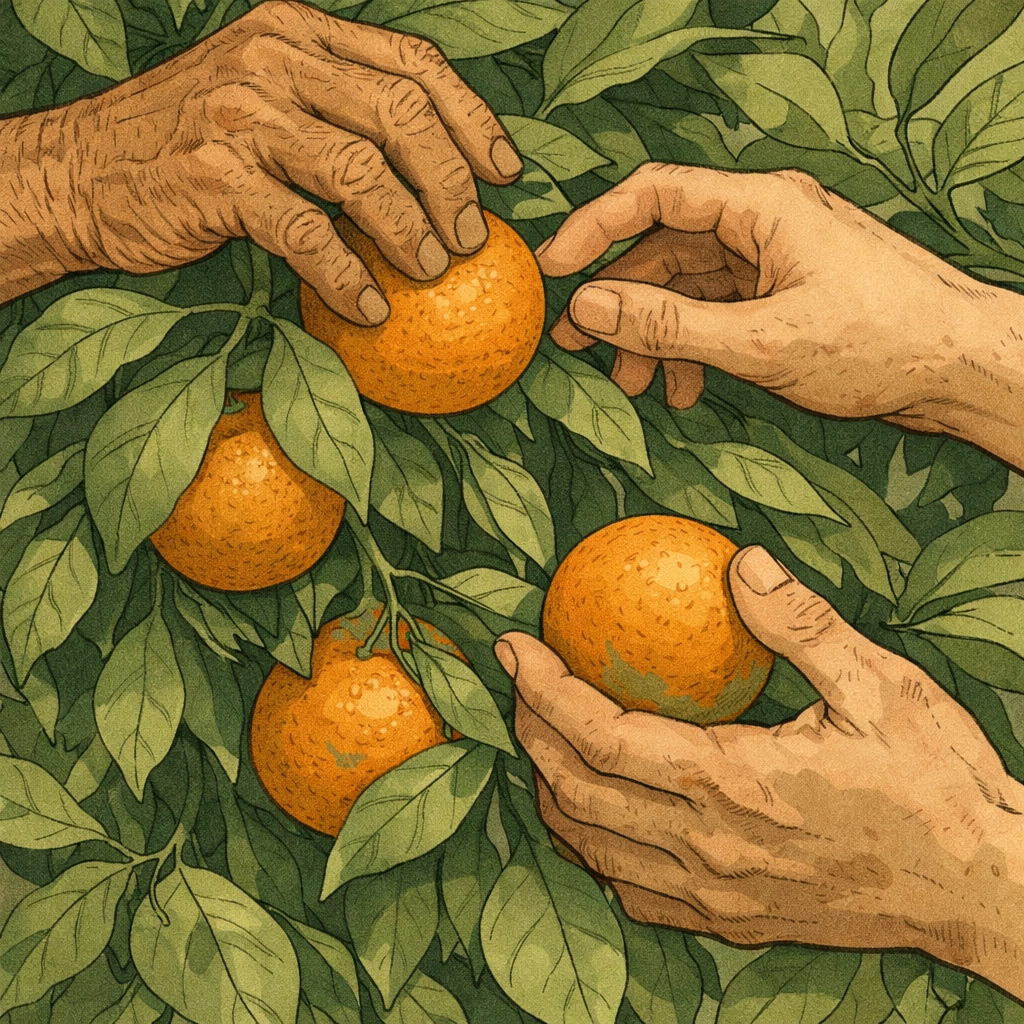 Hands of orchard owner and young worker harvesting citrus together, gay romance South Africa