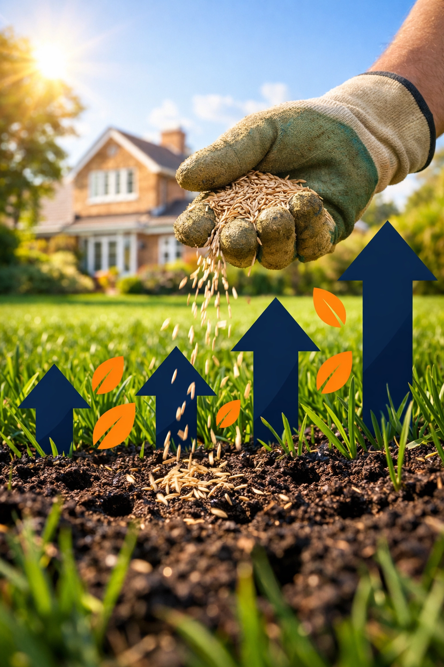 Hands spreading premium grass seed over an aerated lawn in Reading for a lush, sustainable spring landscape.