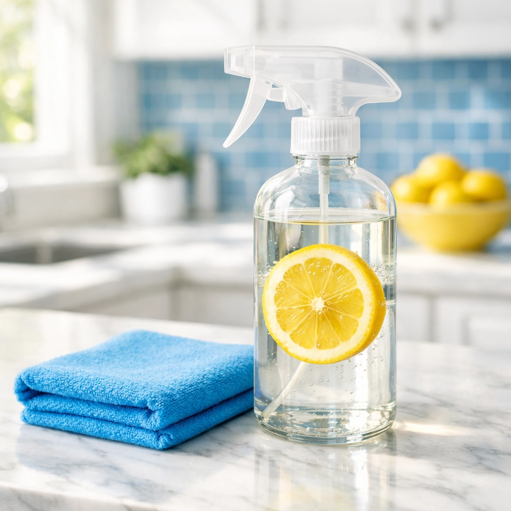 Eco-friendly products and microfiber cloth used during Weekly House Cleaning Orange MA by professional cleaners Orange MA in a bright kitchen.