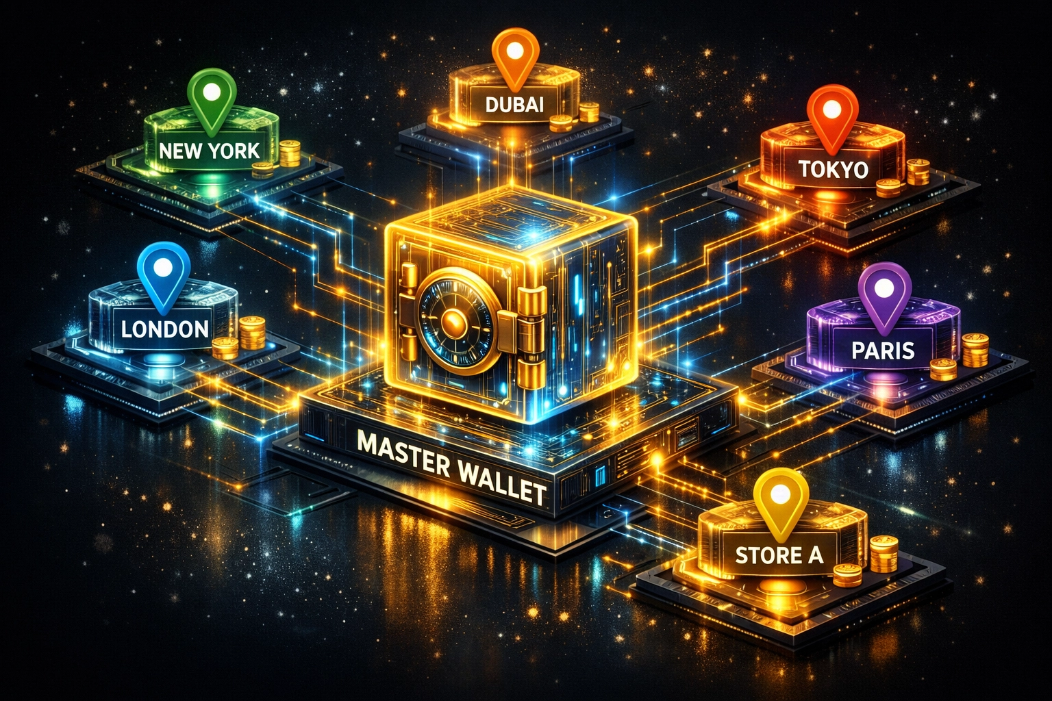 Master wallet with sub-wallets for multi-location business treasury management